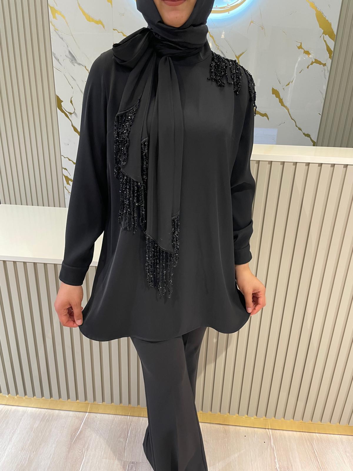 FUAT GÜRŞEN 4302 TAŞLI ŞAL DETAY TUNİK-SİYAH