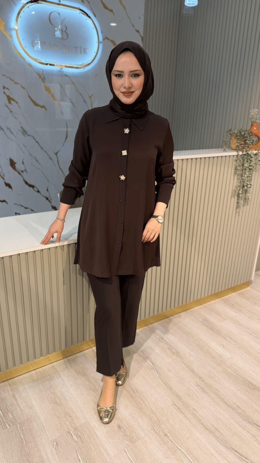 FUAT GÜRŞEN 6931 MERSERİZE DETAYLI TUNİK - KAHVE