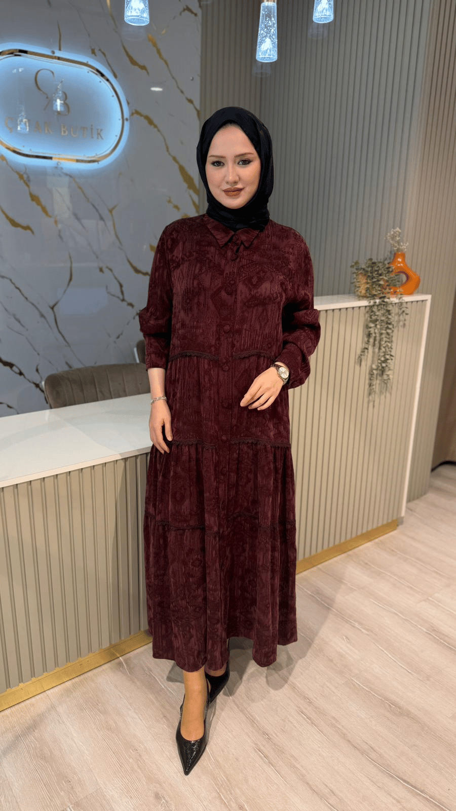 GHİSA 04406 DESENLİ ELBİSE-BORDO