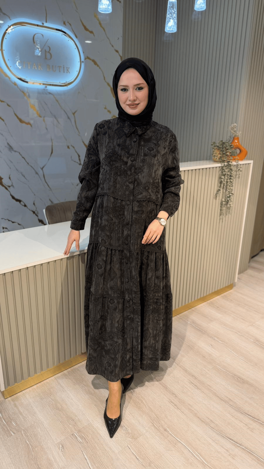 GHİSA 04406 DESENLİ ELBİSE-KAHVE
