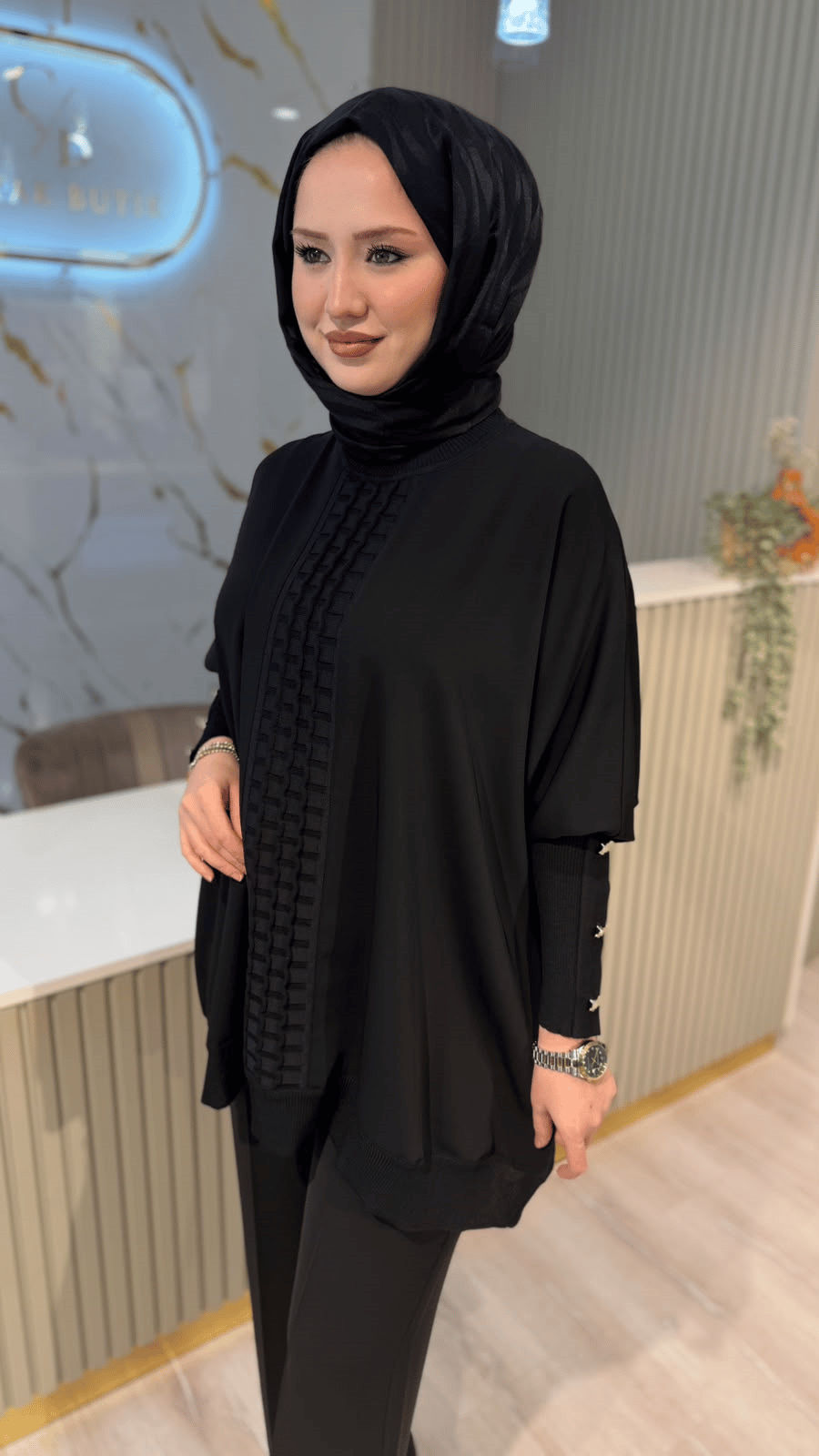 GHİSA 4491 ÖN MERSERİZE KOLU DÜĞME DETAY TUNIK- SİYAH