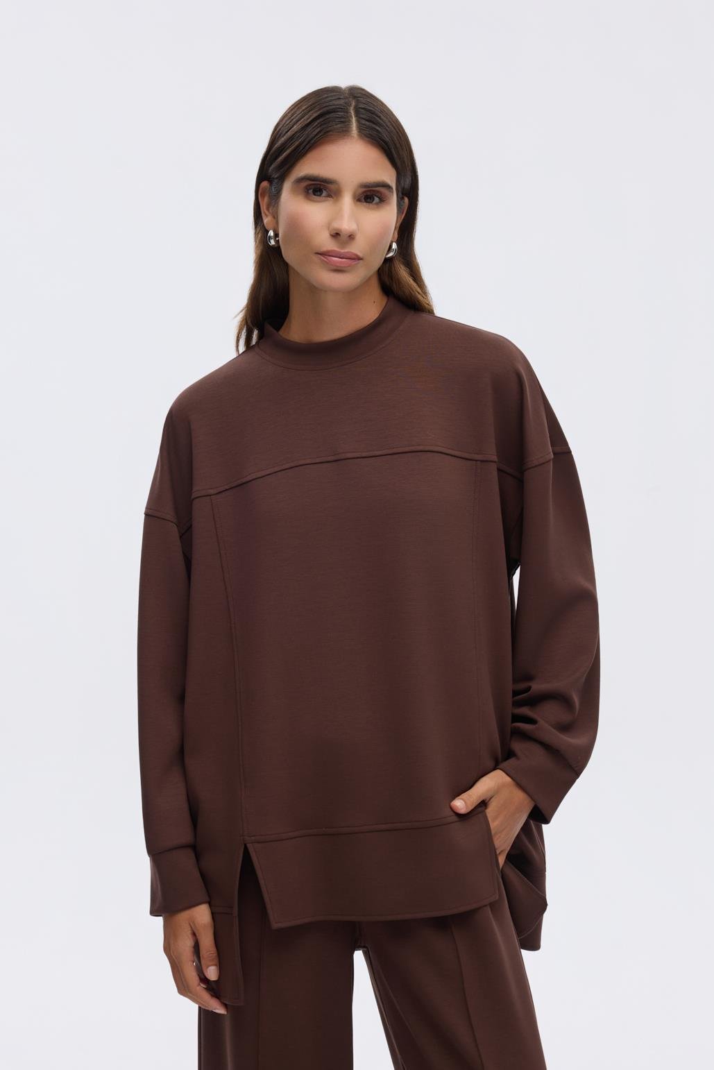 KB 0055 MODAL ÖRME ASİMETRİK KESİM SWEATSHİRT-KAHVE