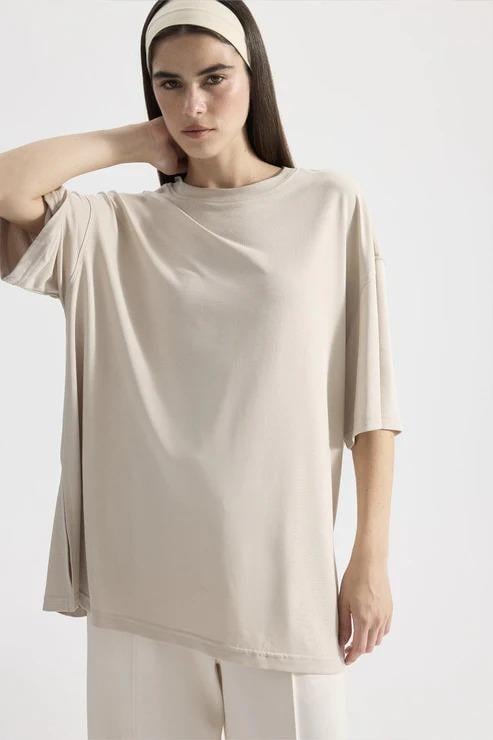 Modal Örme Kısa Kollu T-Shirt Taş