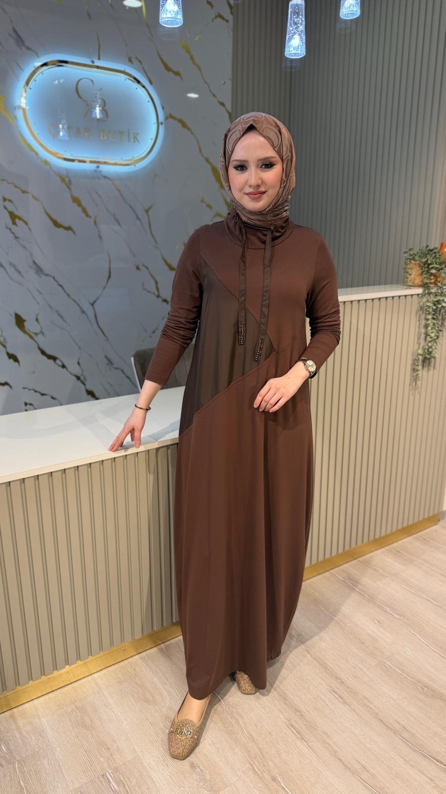NÇ 26124 BAĞCIKLI BAMBU ELBİSE- KAHVE