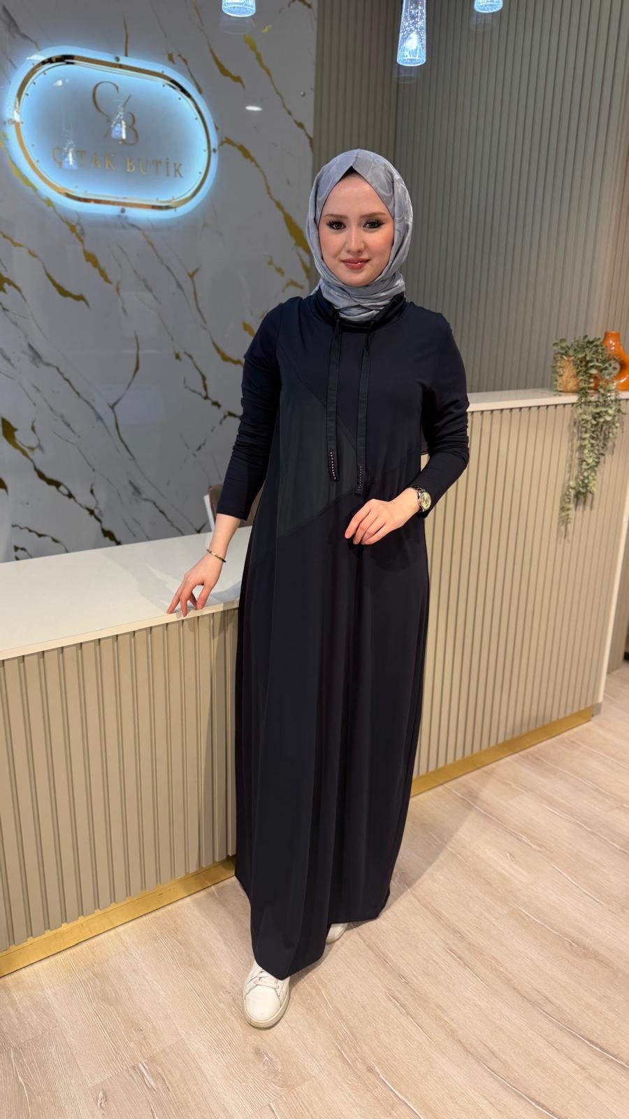 NÇ 26124 BAĞCIKLI BAMBU ELBİSE- LACİVERT