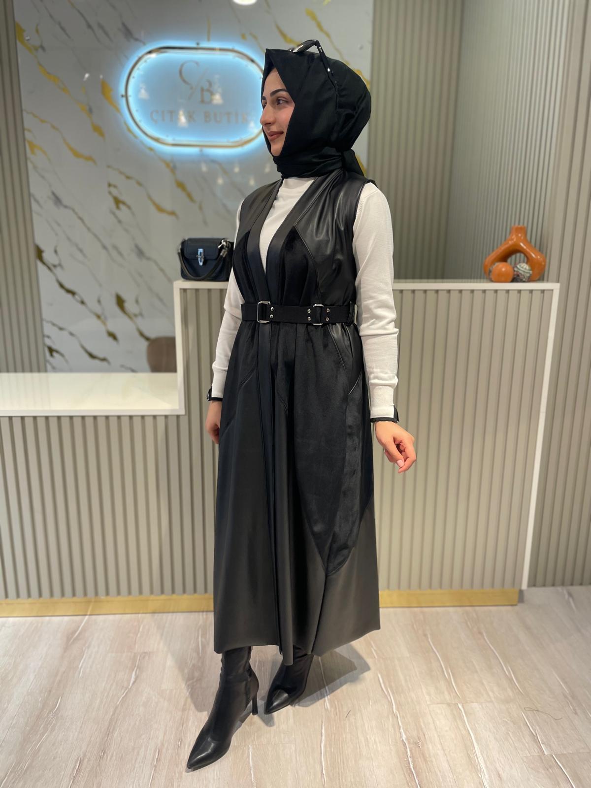 NURCAN ÇETİN 25268 SÜET VE DERİ GARNİ YELEK-SİYAH