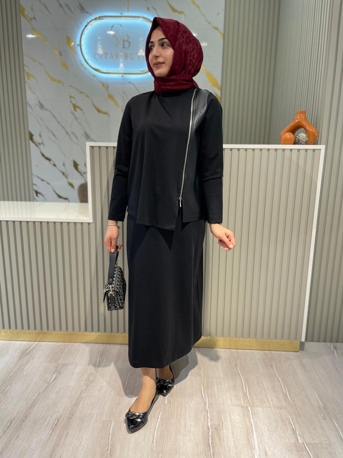 NURCAN ÇETİN 25515 FERMUAR DETAY ETEKLİ TAKIM-SİYAH