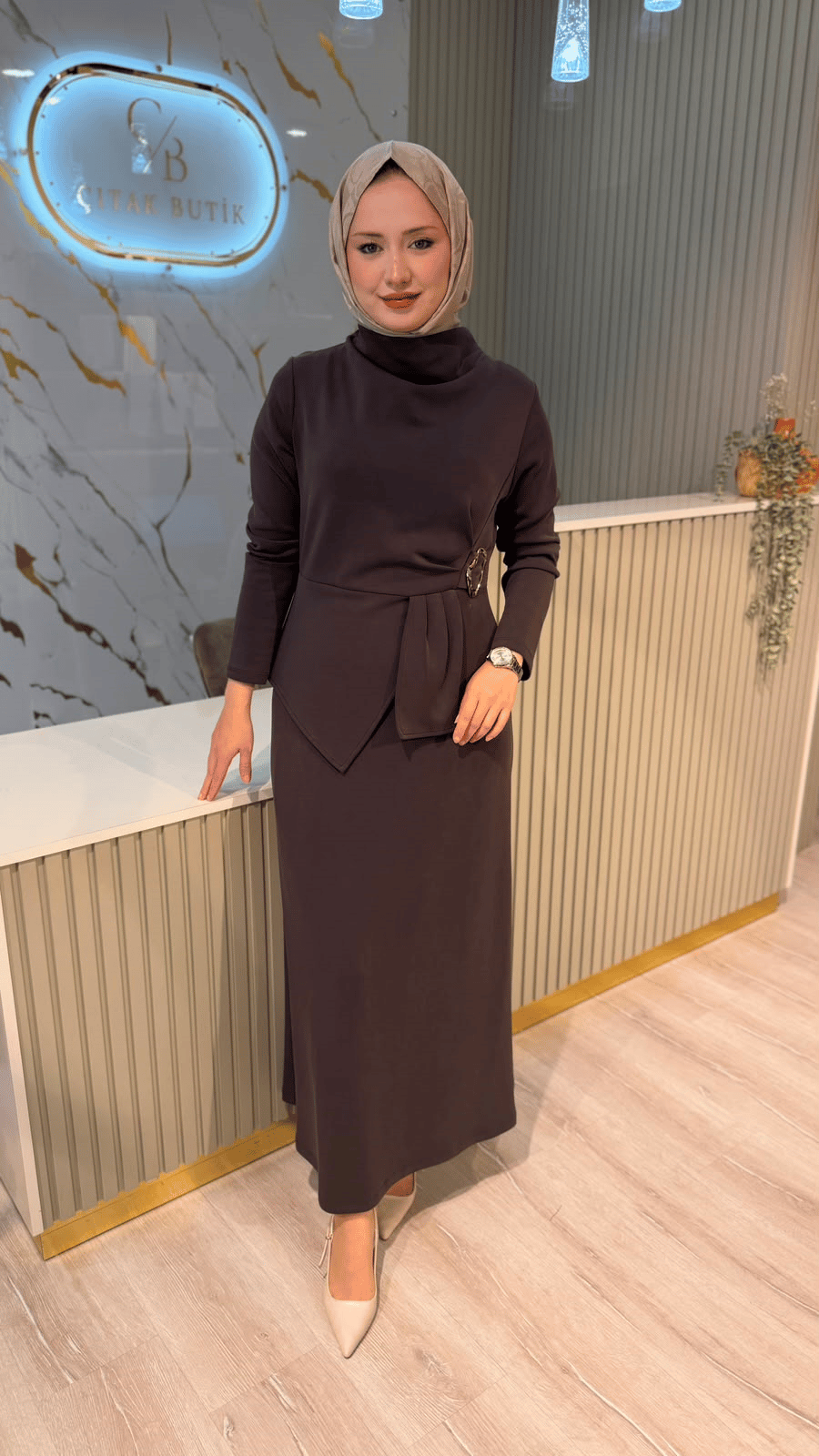 NUSS 02051 TOKALI ELBİSE - KAHVE