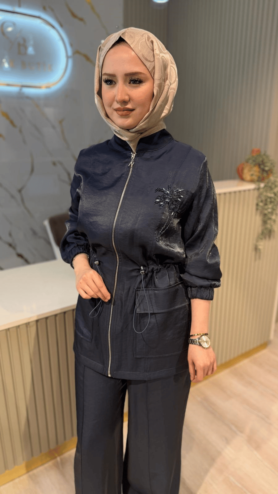 NUSS 1032 PALMİYE DESEN İŞLEME TAKIM- LACİVERT