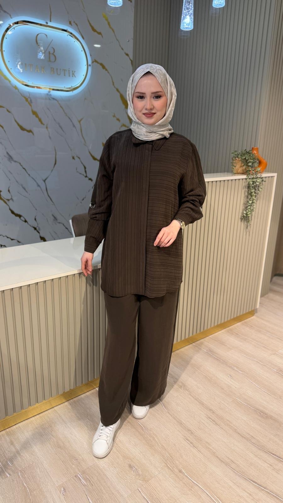 NUSS 1055 ÇİZGİ DESEN TAKIM - KAHVE