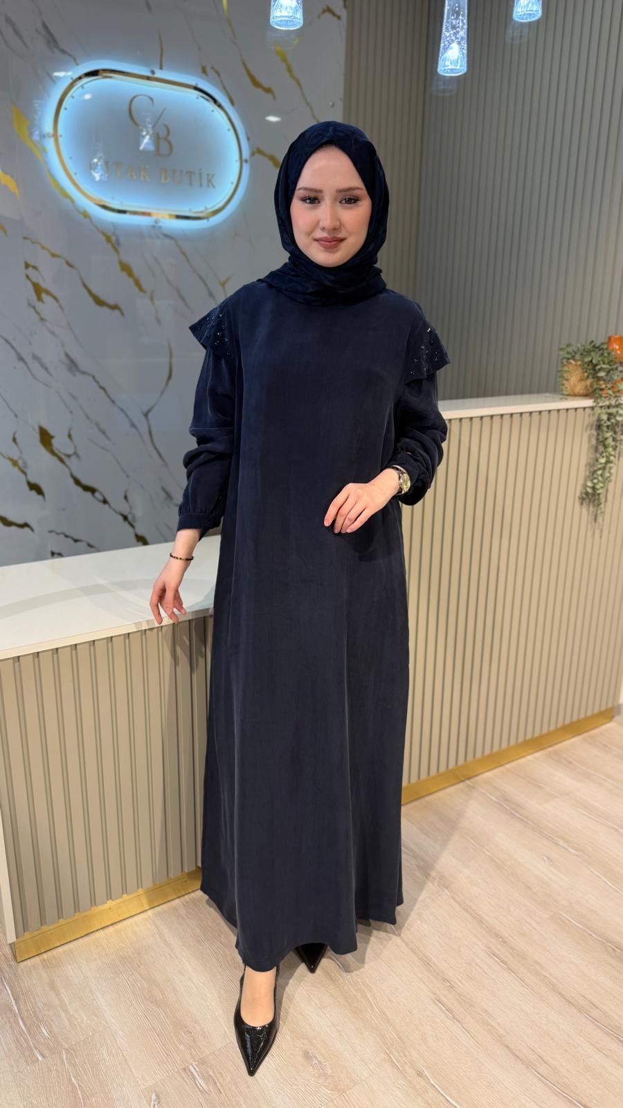 NUSS 2043 OMUZU BONCUK DETAY ELBİSE- LACİVERT
