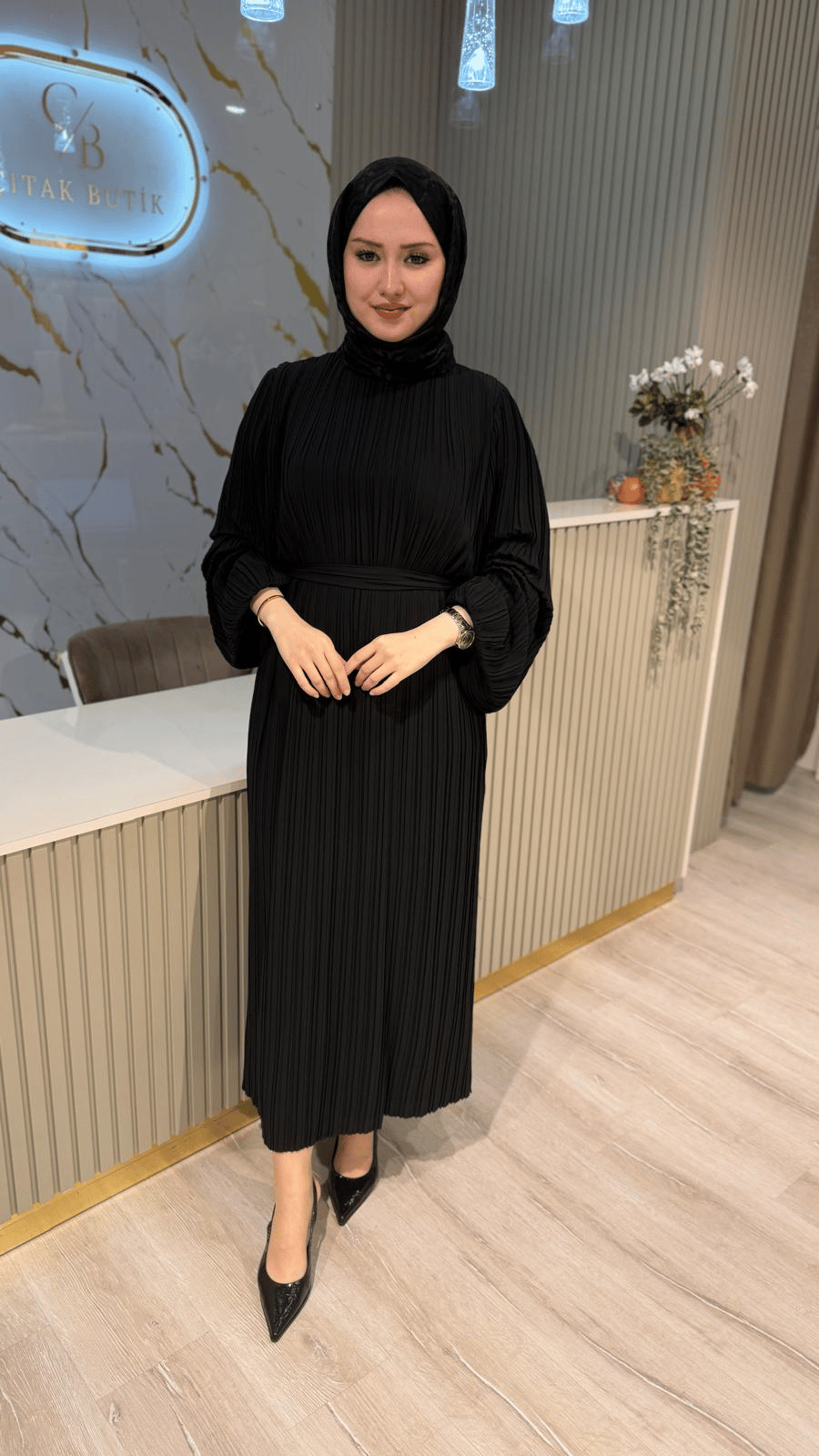 NUSS 2051 PİLİSELİ ELBİSE - SİYAH
