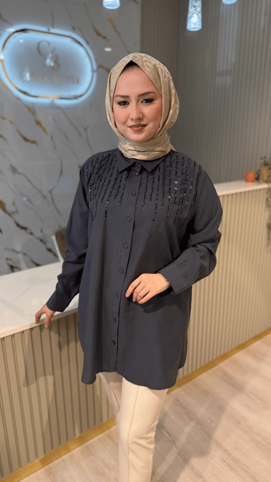 PUANE 10794 BONCUK DETAY GÖMLEK - ANTRASİT