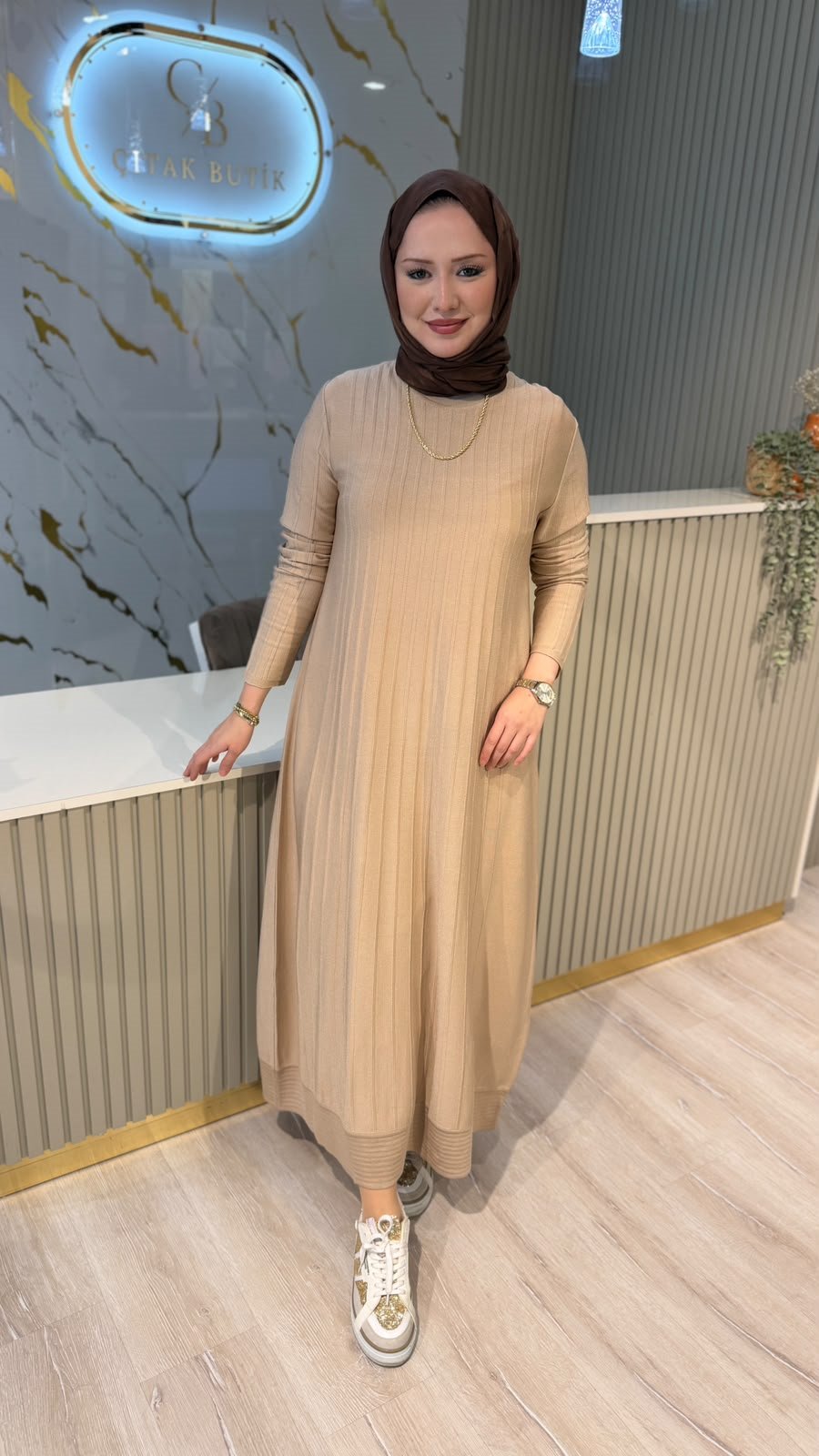 TIĞ TRİKO 21856 NERVÜR DETAYLI RAYON ELBİSE - VİZON