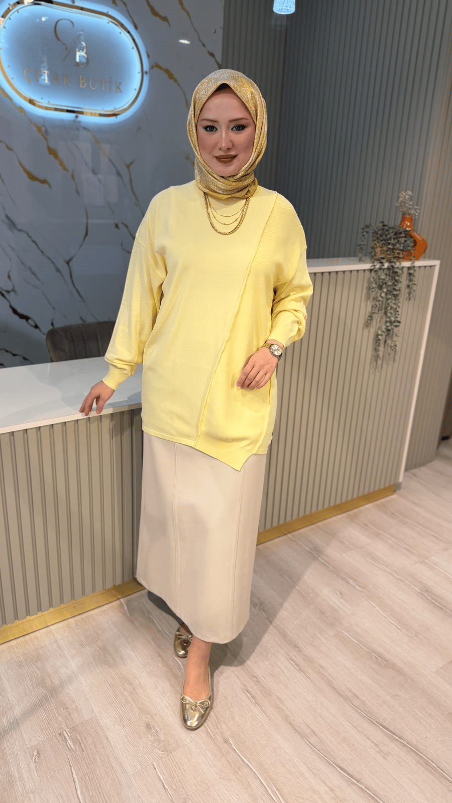 TIĞ TRİKO 21872 ÖRGÜ DETAYLI RAYON TUNIK- SARI