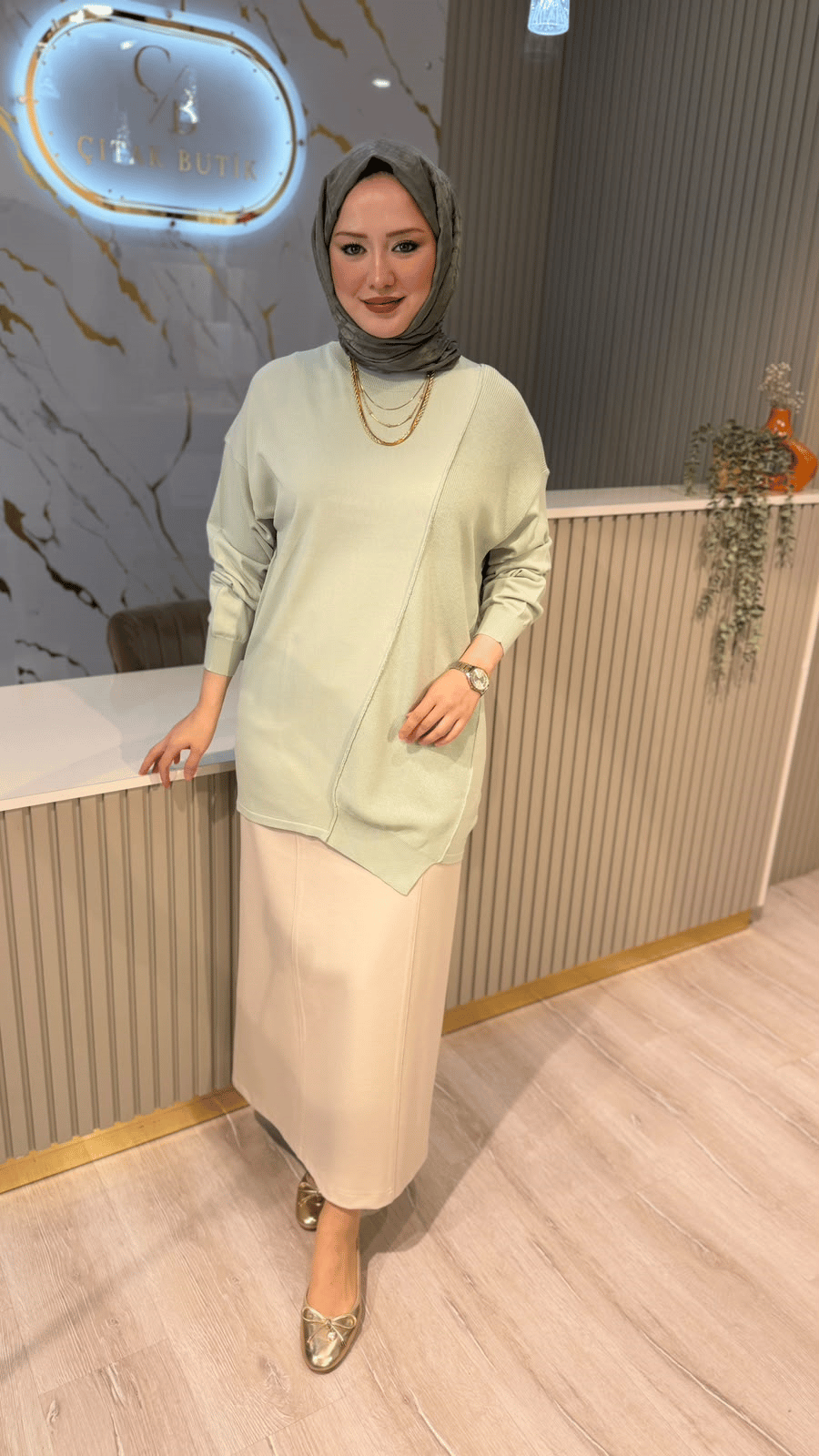 TIĞ TRİKO 21872 ÖRGÜ DETAYLI RAYON TUNIK- MİNT YEŞİLİ
