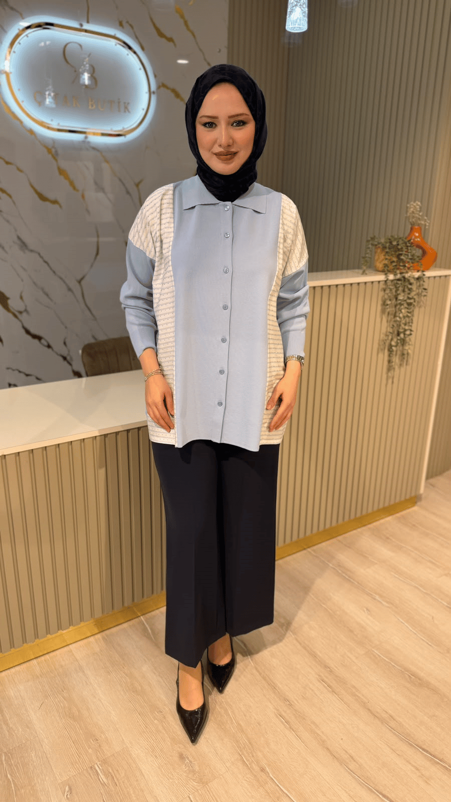 TIĞ TRİKO 22148 ÇİZGİ DESEN TAŞLI DÜĞMELİ RAYON TUNIK- MAVİ
