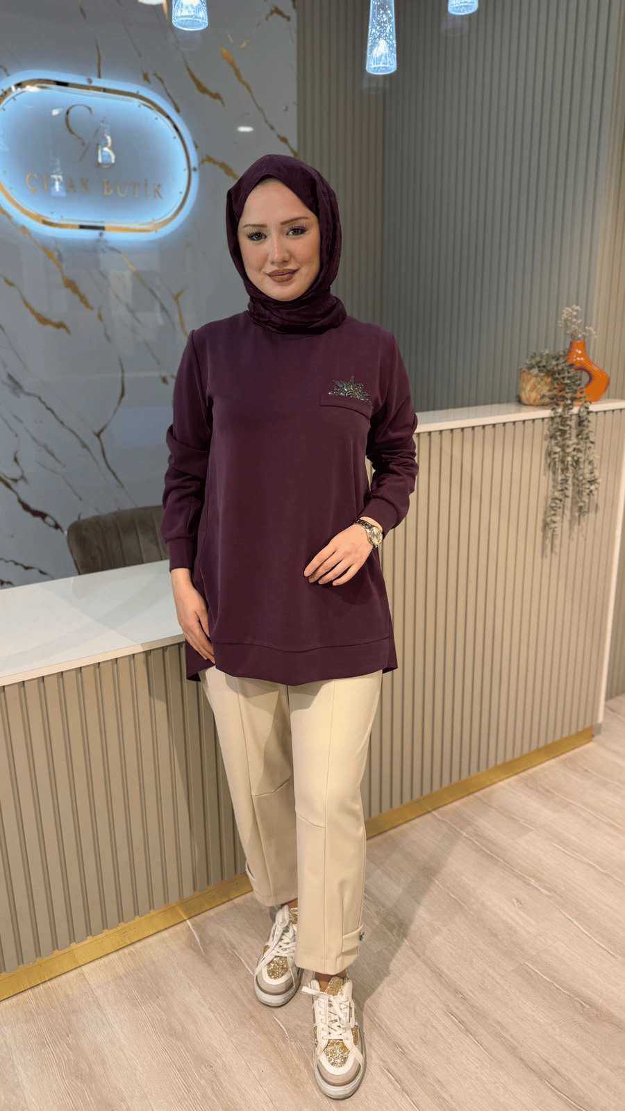 TIĞ TRİKO 4125 TAŞ AKSESUARLI TUNİK- MÜRDÜM