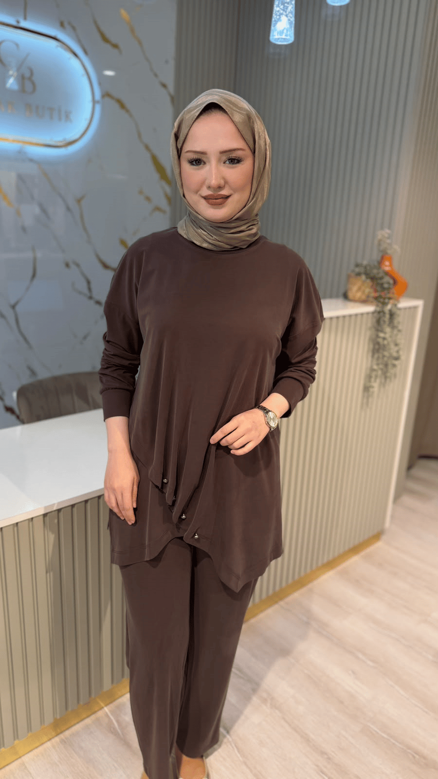 TIĞ TRİKO 5158 ASİMETRİK PANTOLONLU TAKIM- KAHVE