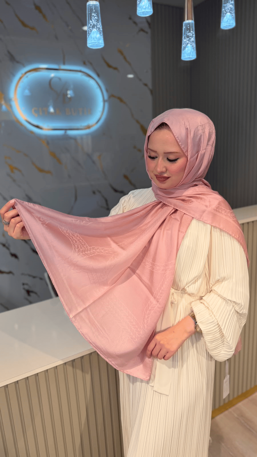 VİSMARA 7682 ZİNCİR DESENLİ PAMUK İPEK ŞAL- PEMBE