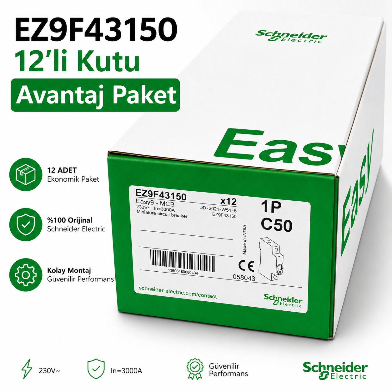 EZ9F43150SchneiderSchneider Easy9, 1x50A 3kA C Otomatik Sigorta EZ9F43150 - 12 adet