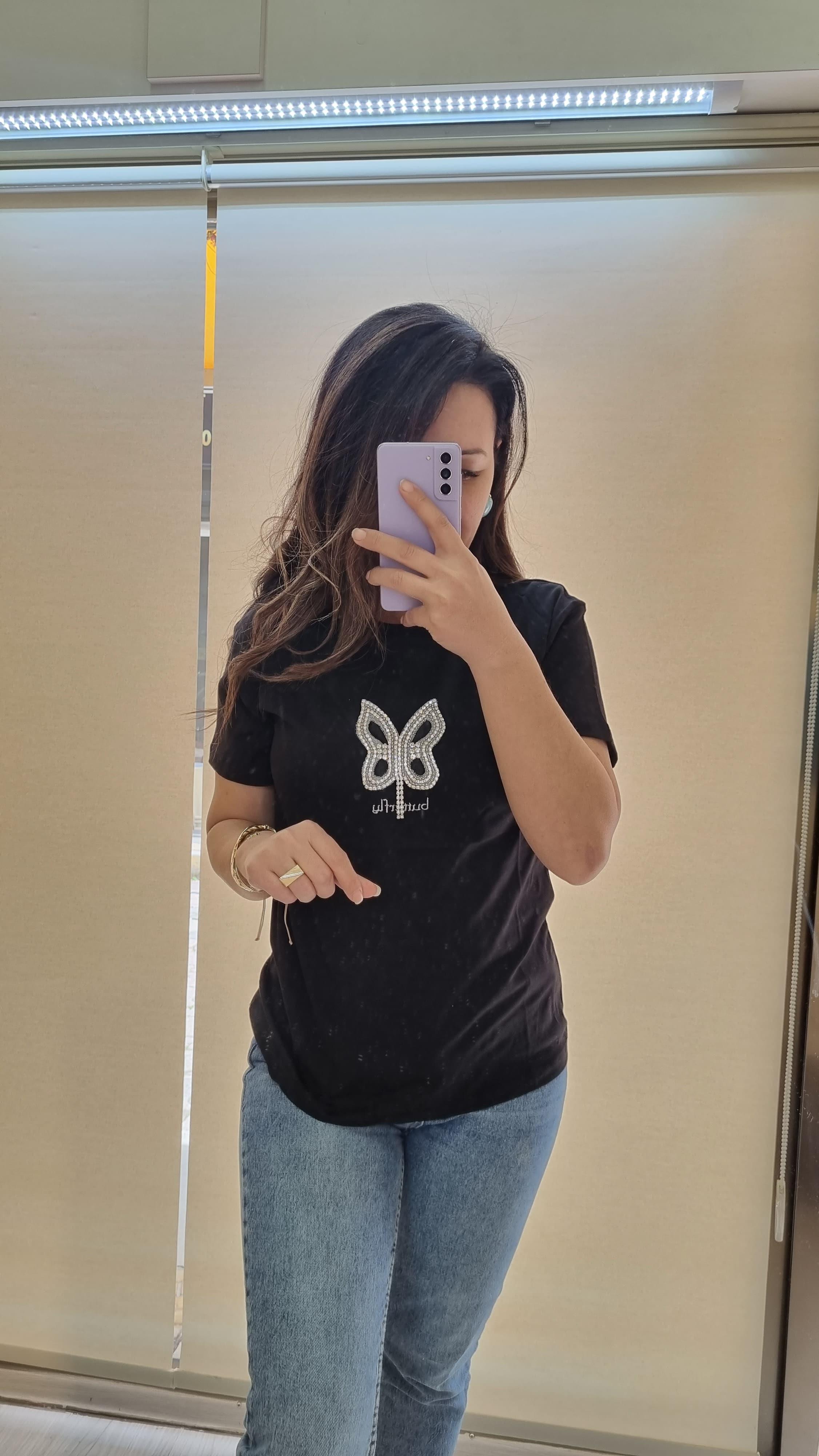 Butterfly Taş Detay Siyah Tshirt