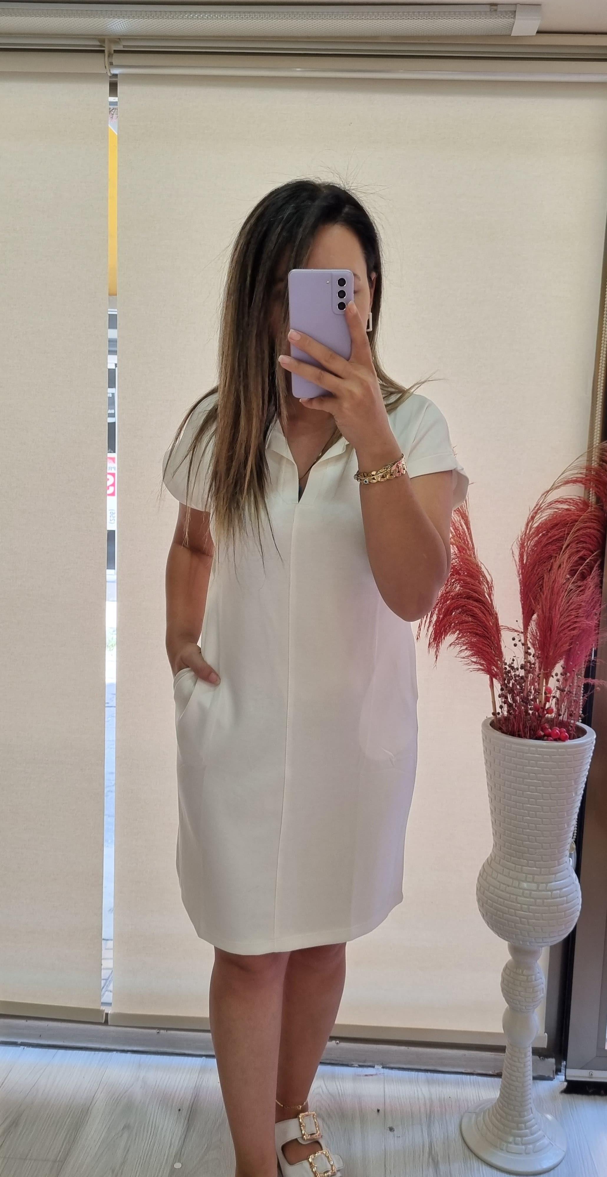 Polo Yaka Cep Detay Beyaz Modal Elbise