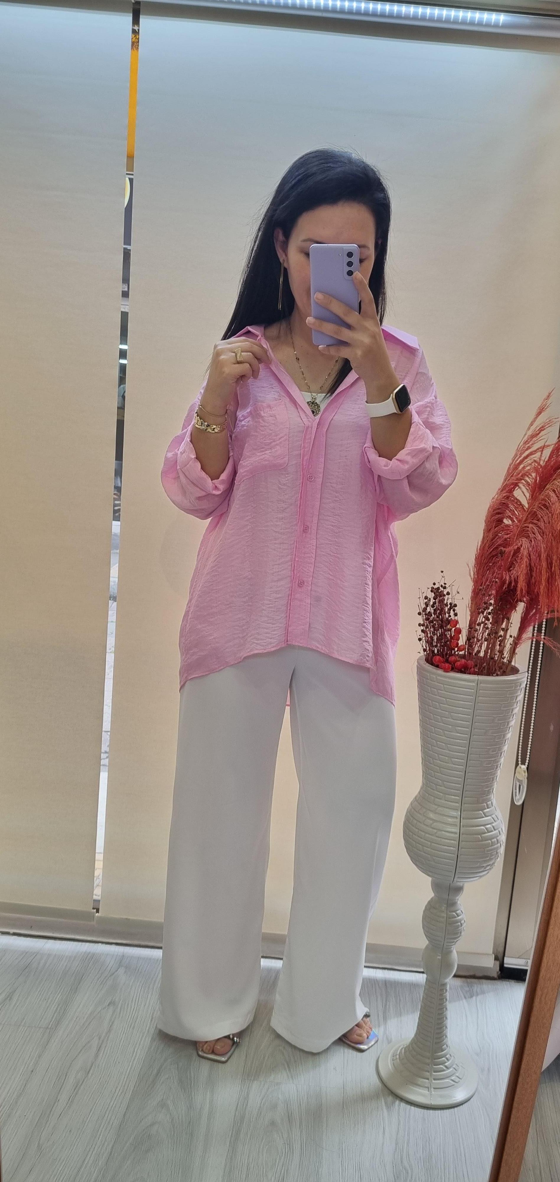 Premium Kalite Basic Salaş Tensel Gömlek Barbie Pembesi