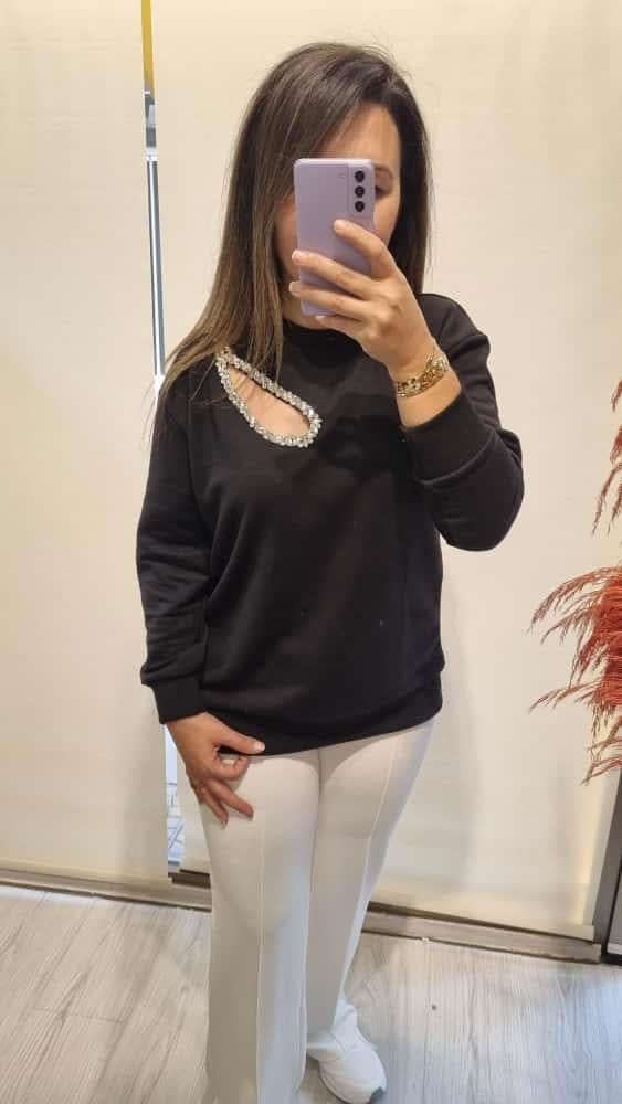 Taş İşleme Detay Siyah Sweatshirt 