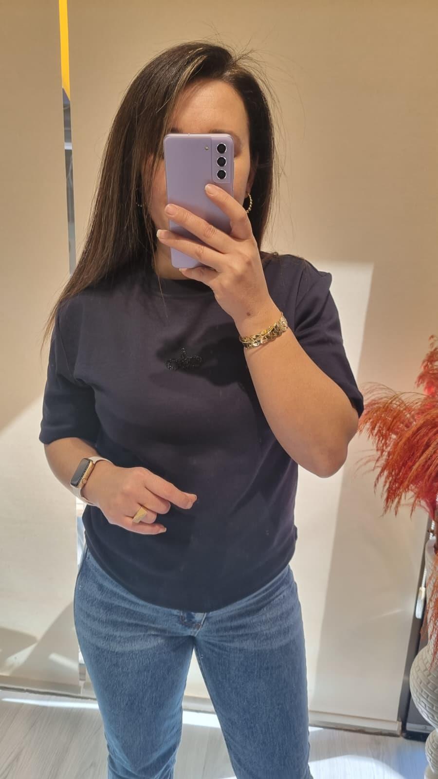 Taş İşlemeli Yuvarlak Yaka Lacivert Tshirt 