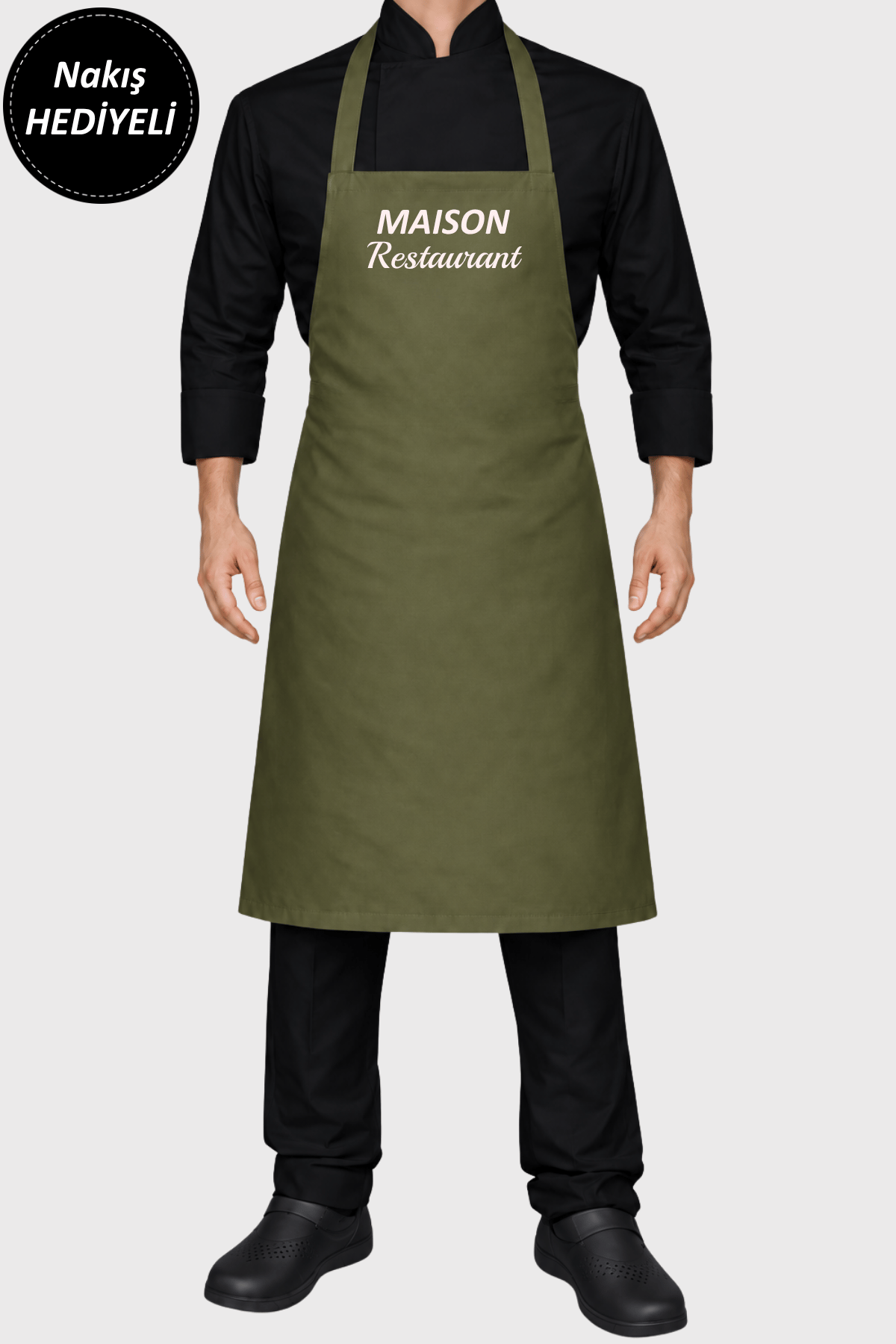 İsim Hediyeli Haki Barista Önlüğü, Aşçı Önlüğü, Mutfak Önlüğü, Garson Önlüğü, Boyundan Askılı Önlük 