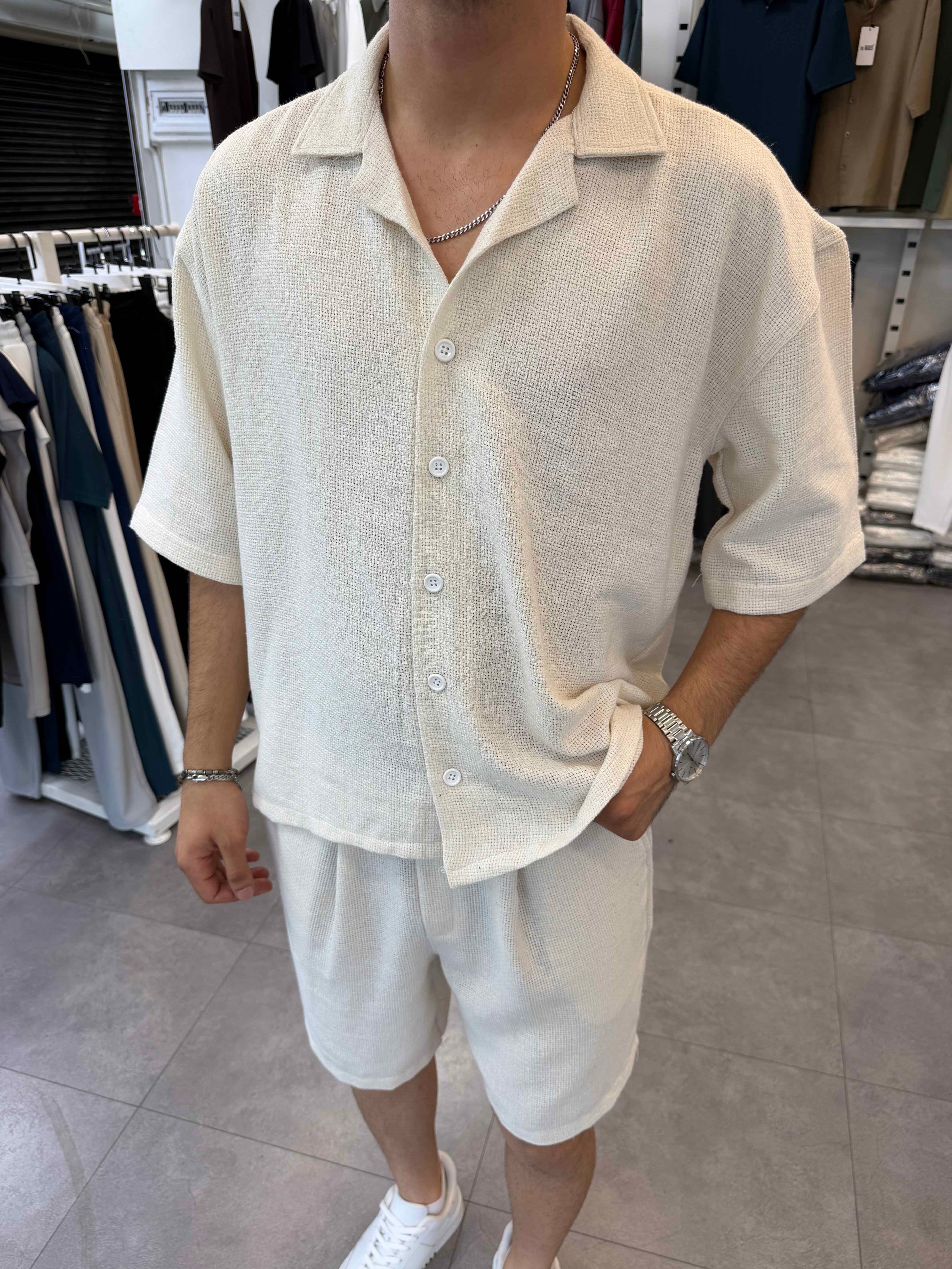 %100 Pamuk Keten Oversize Gömlek Bej
