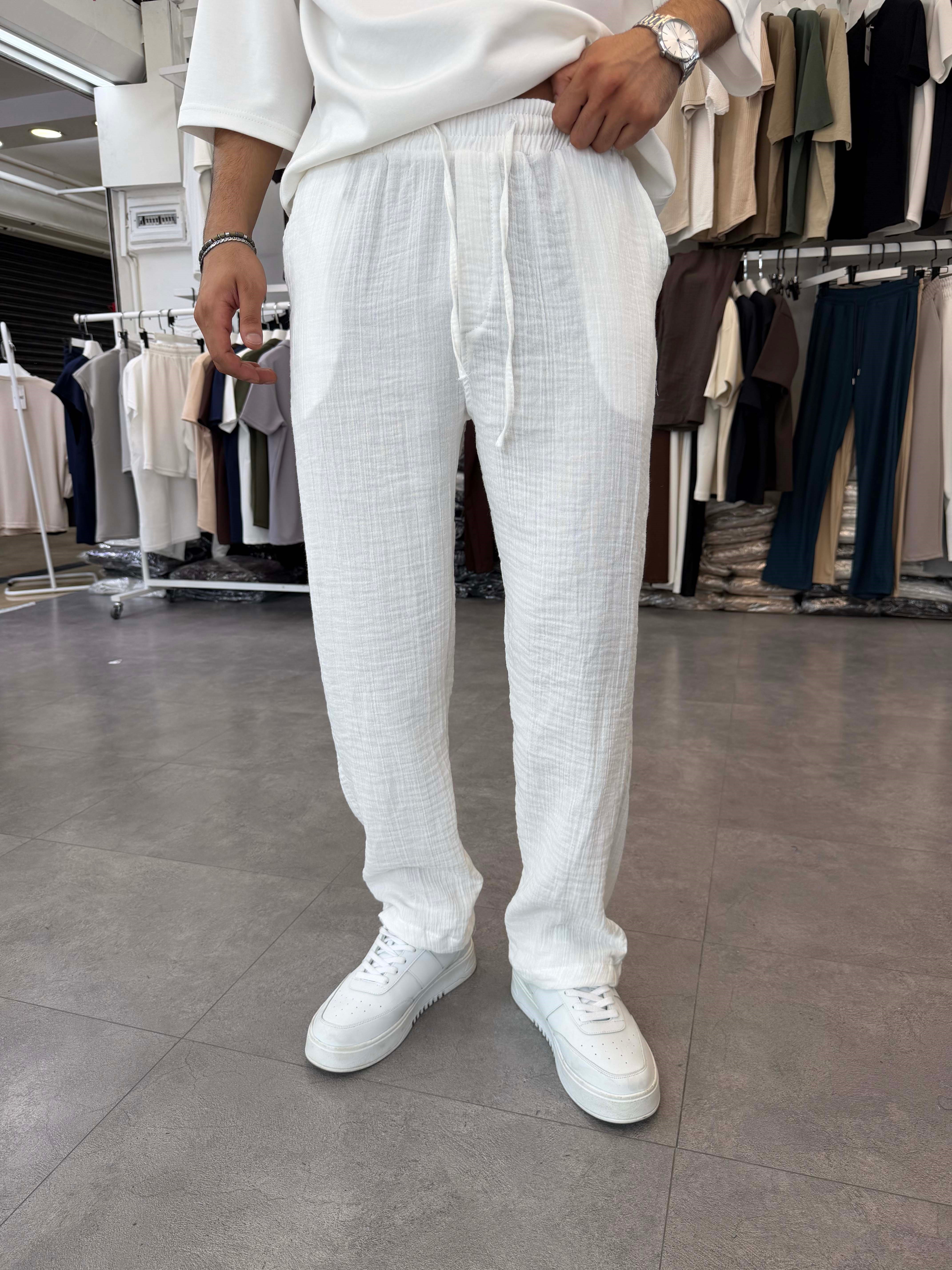 %100 Pamuk Müslin Baggy Pantolon Beyaz