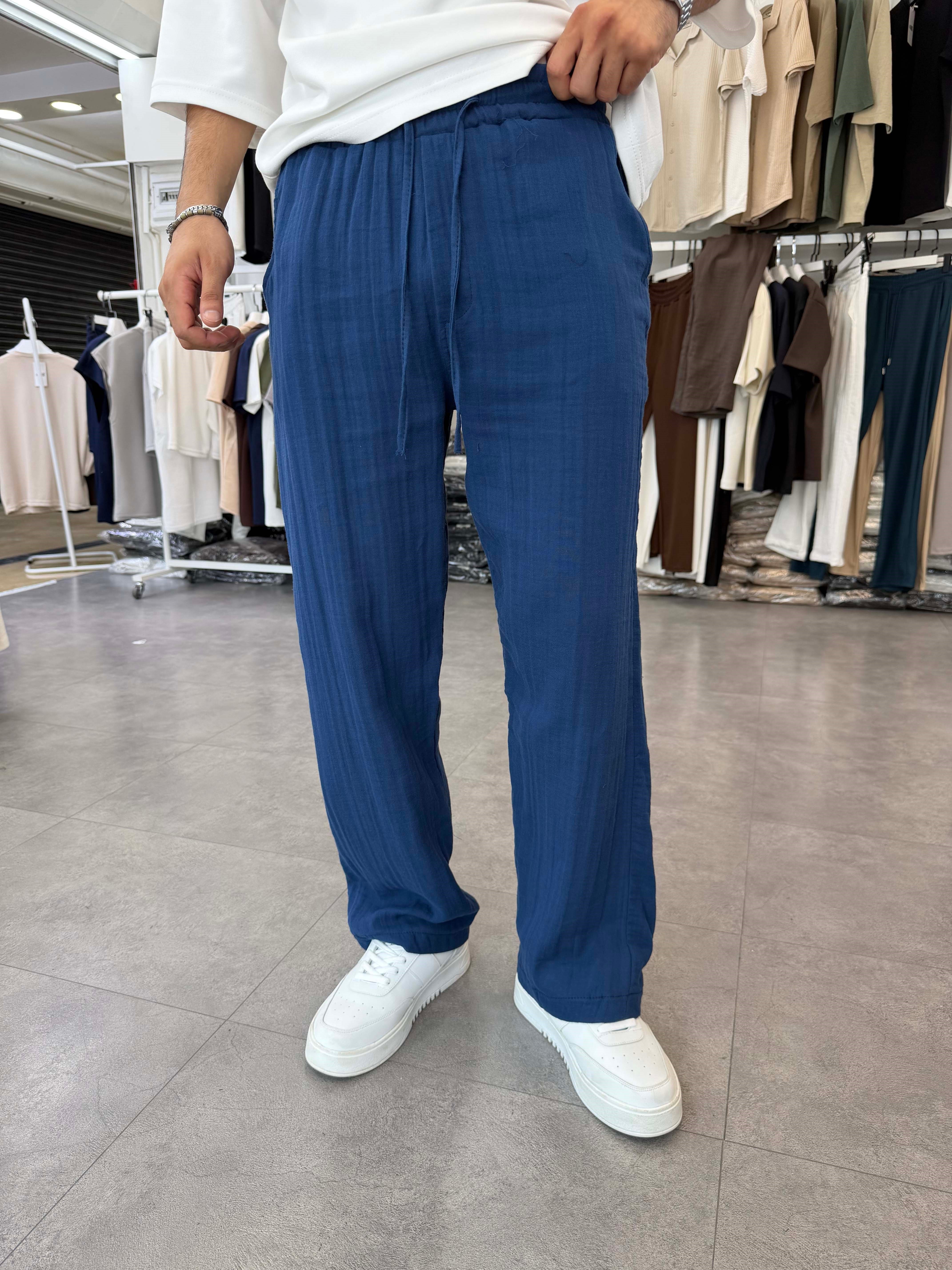 %100 Pamuk Müslin Baggy Pantolon İndigo