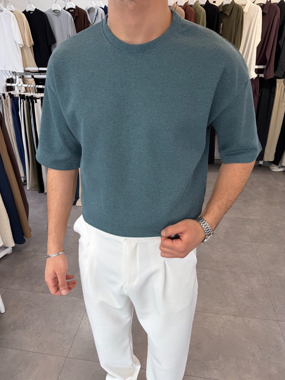 %100 Pamuk Oversize Waffle Basic Tişört Petrol Yeşili