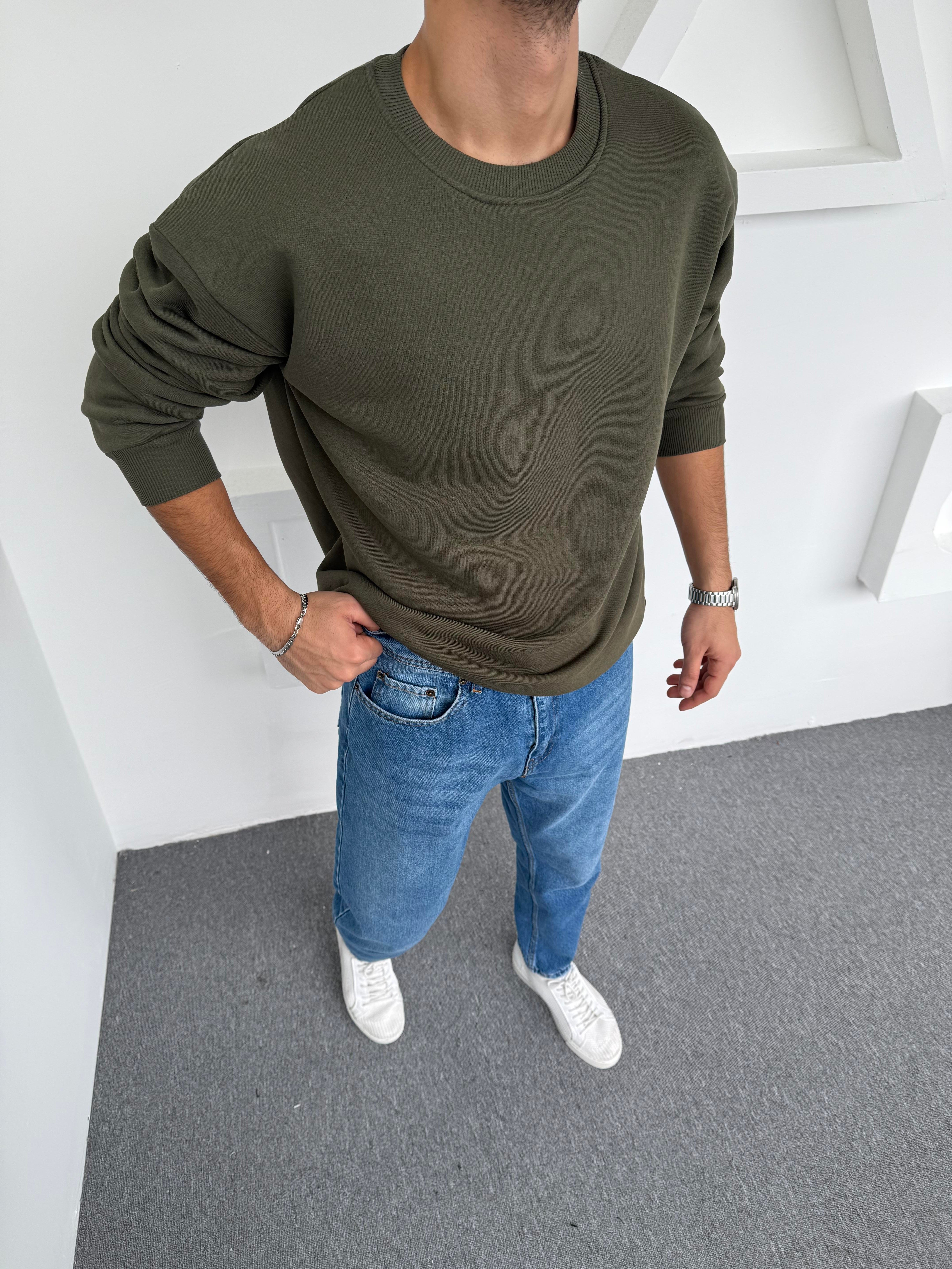 3 iplik Şardonlu Basic Sweatshirt Haki