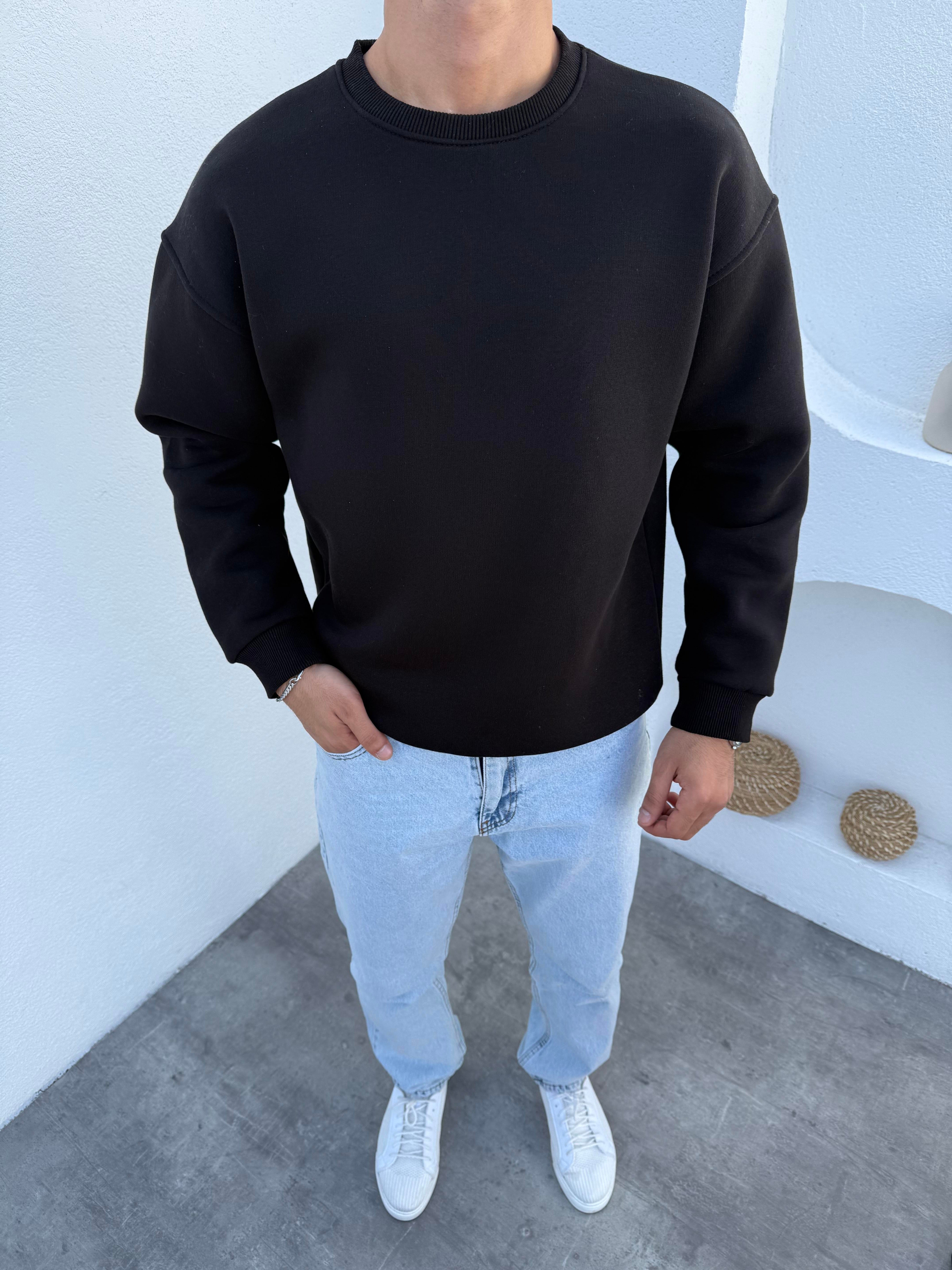 3 iplik Şardonlu Basic Sweatshirt Siyah