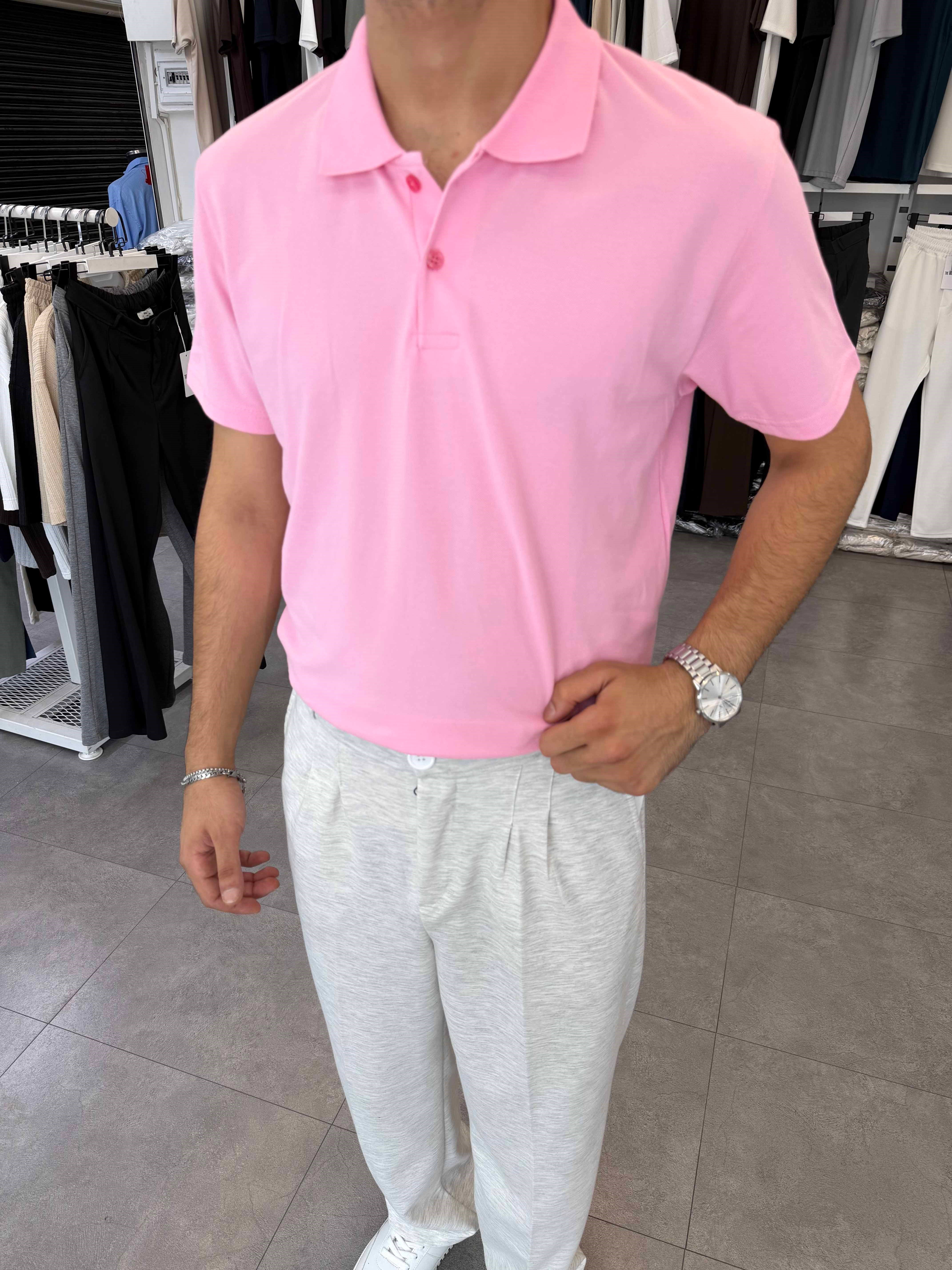 Avrupa Kalıp Polo Yaka Tişört Pembe