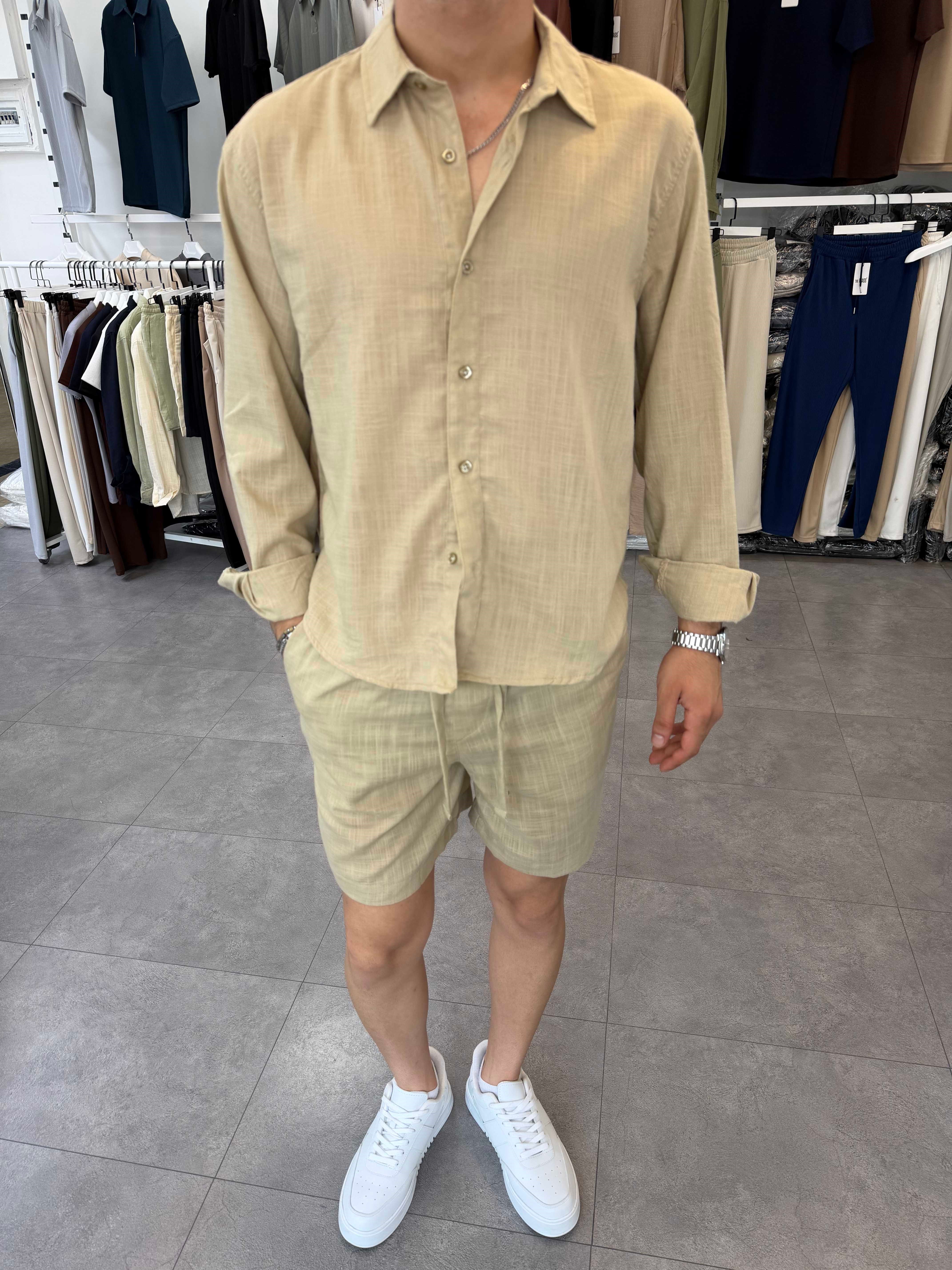 Flamlı Keten Takım Camel