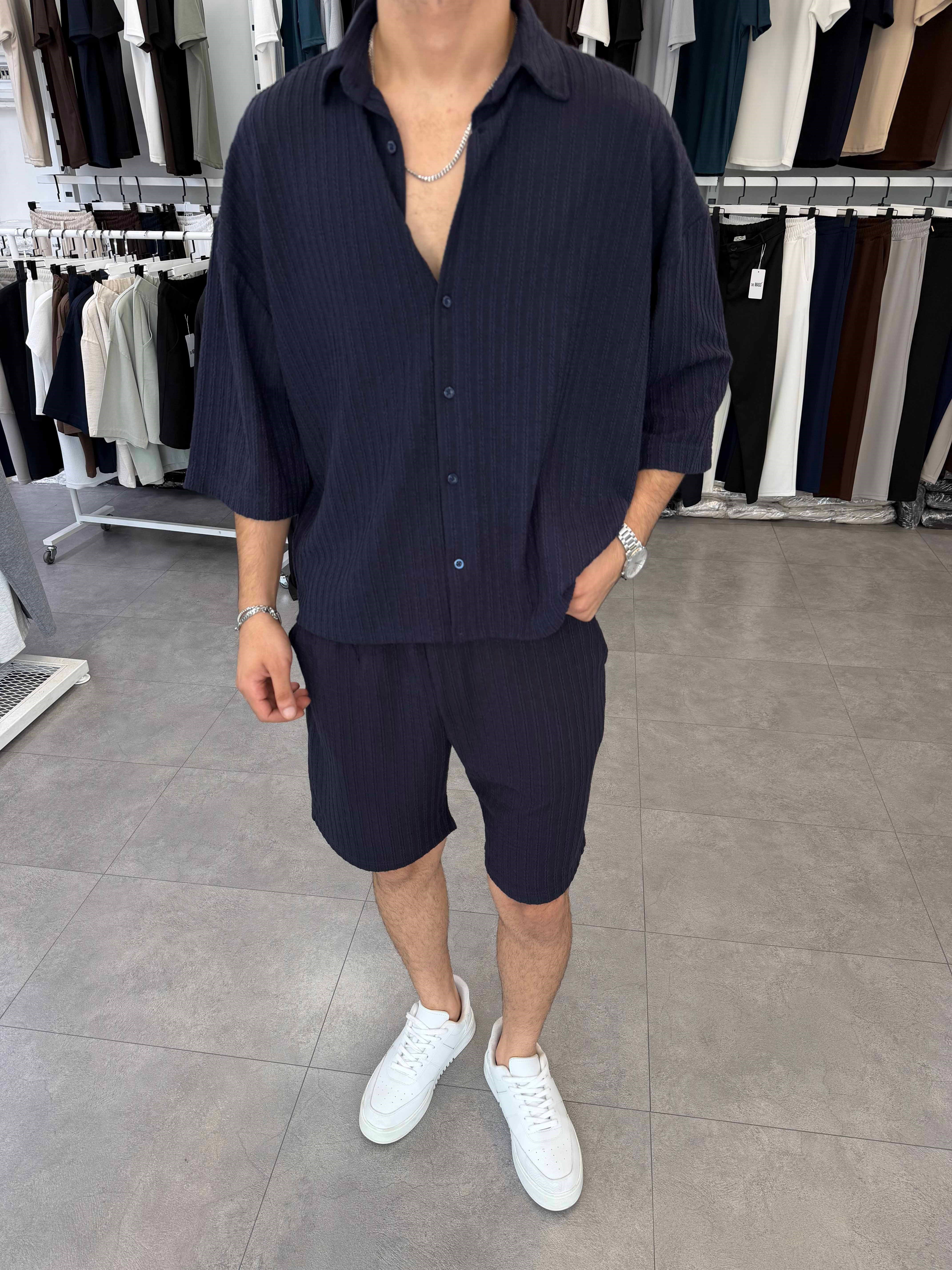 İthal Oversize Crop Kesim Şortlu Takım Lacivert