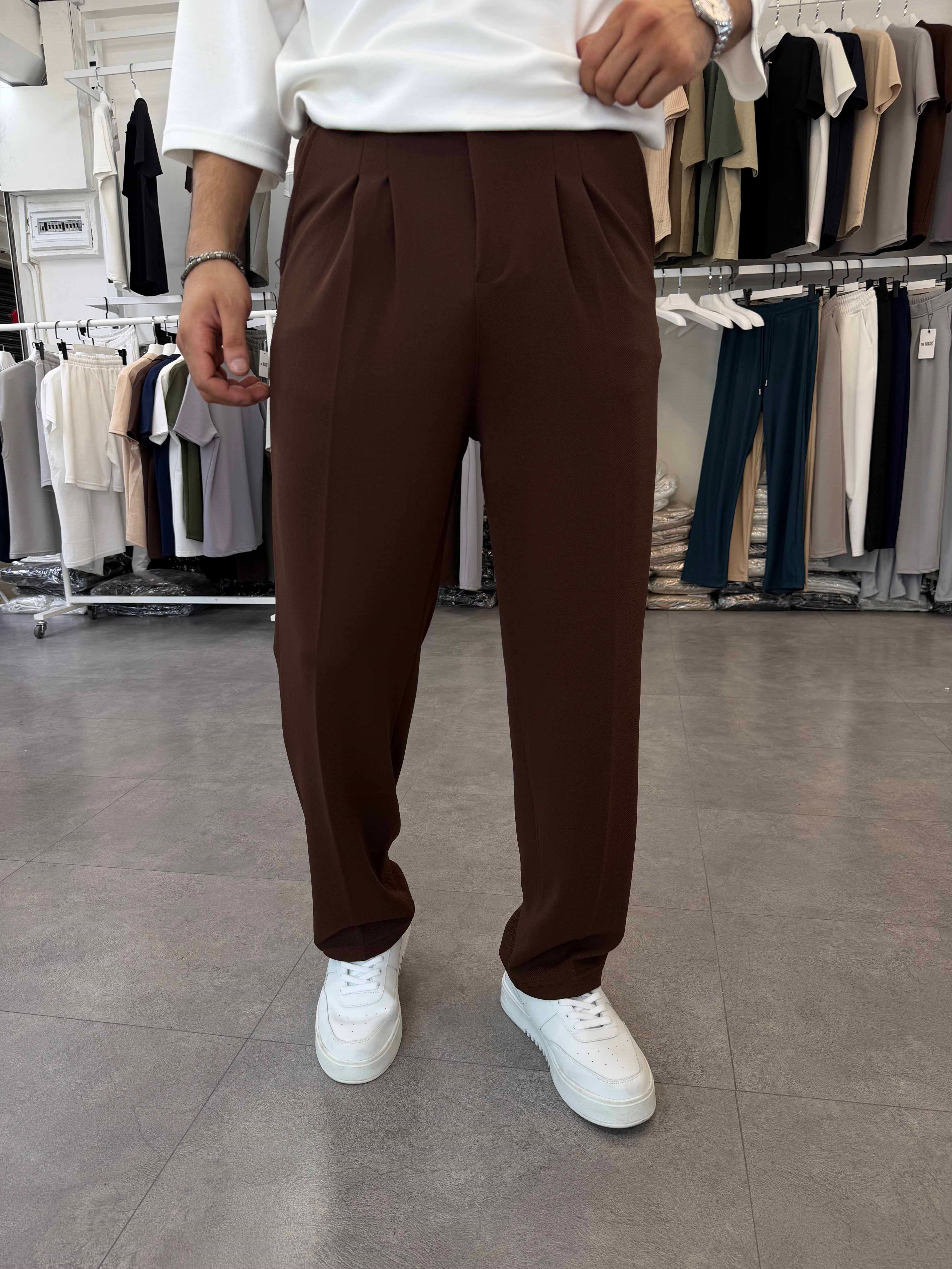 İthal Pileli Krep Baggy Pantolon Acı Kahve