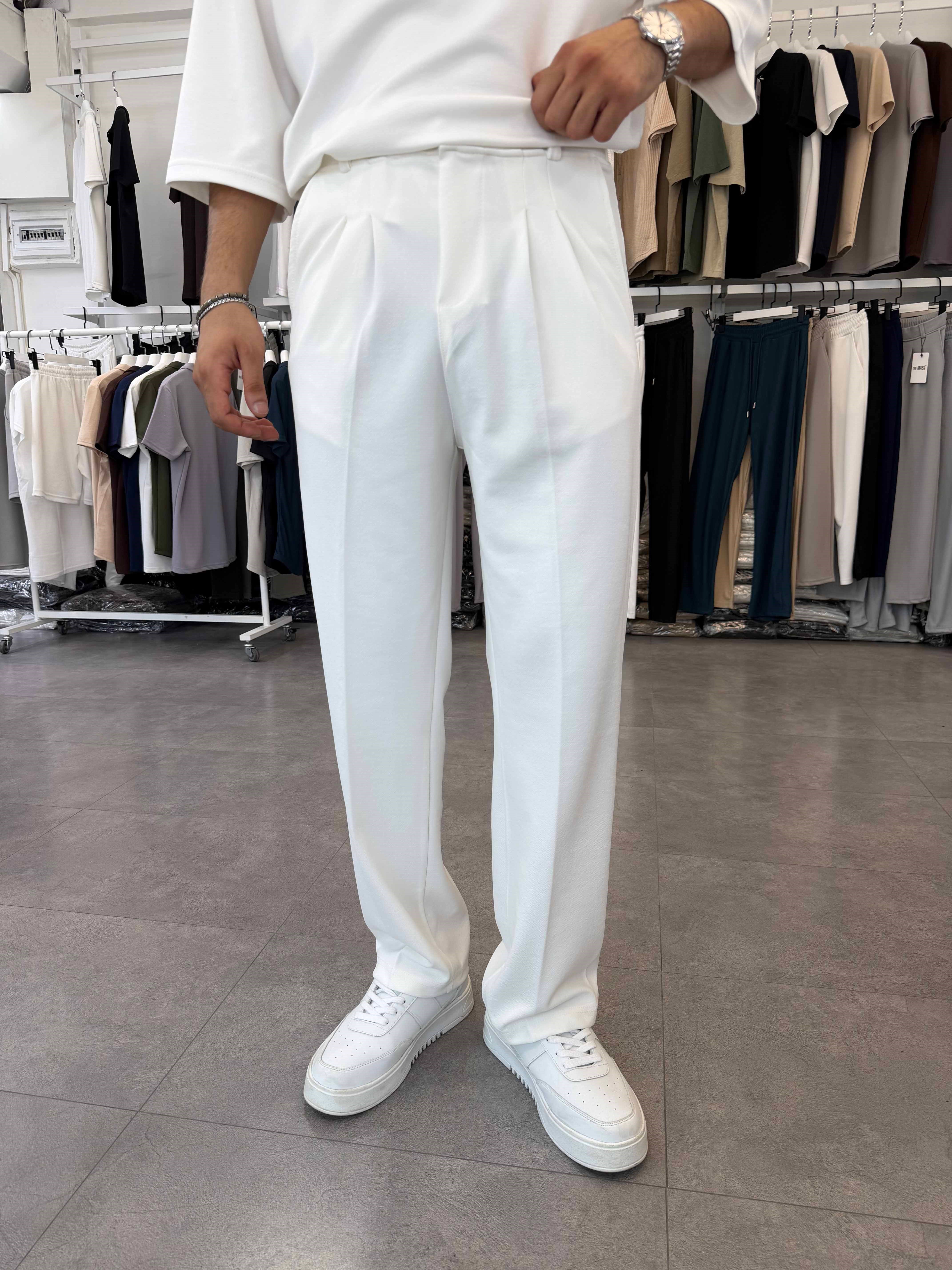 İthal Pileli Krep Baggy Pantolon Beyaz