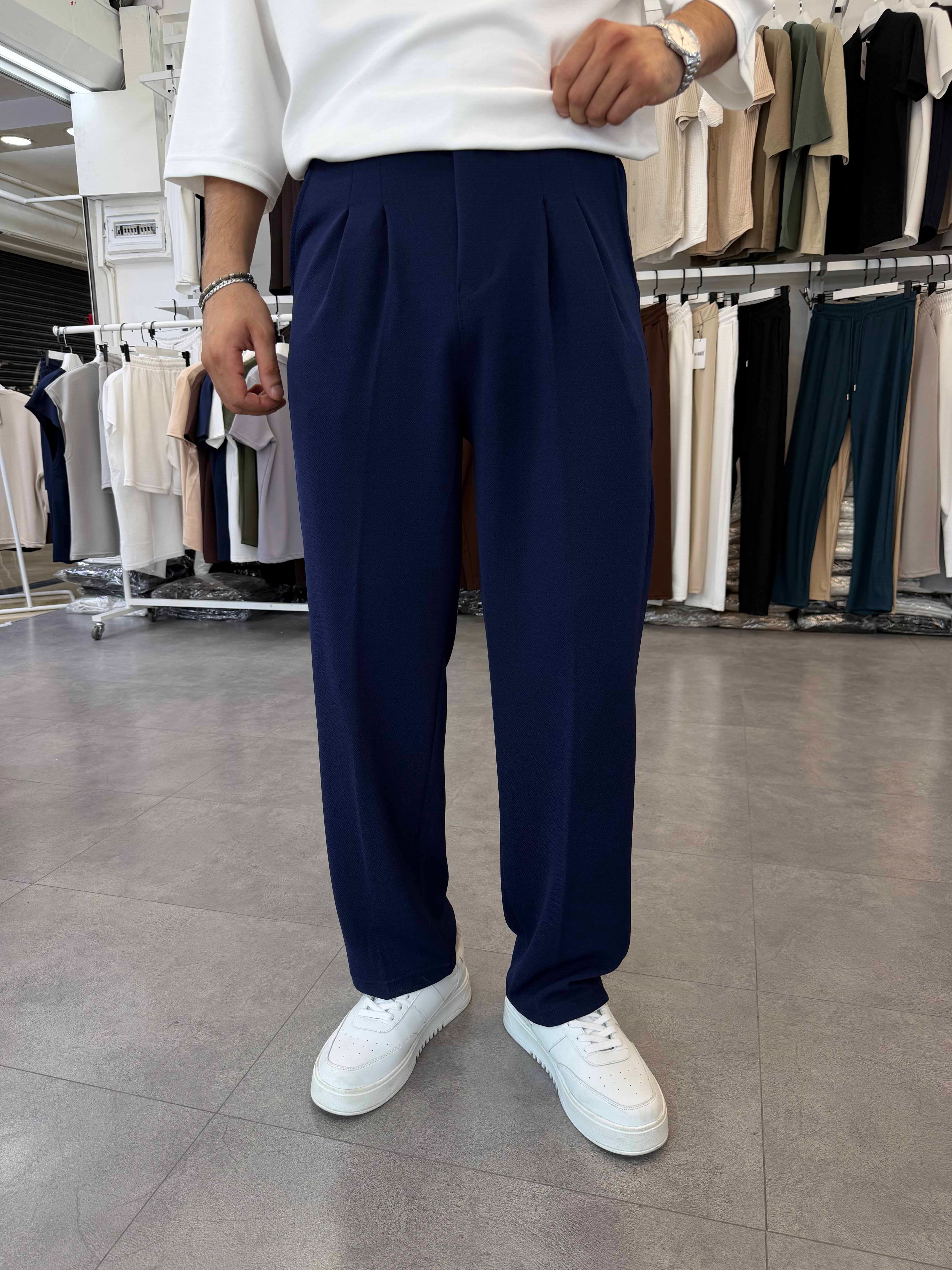 İthal Pileli Krep Baggy Pantolon Lacivert