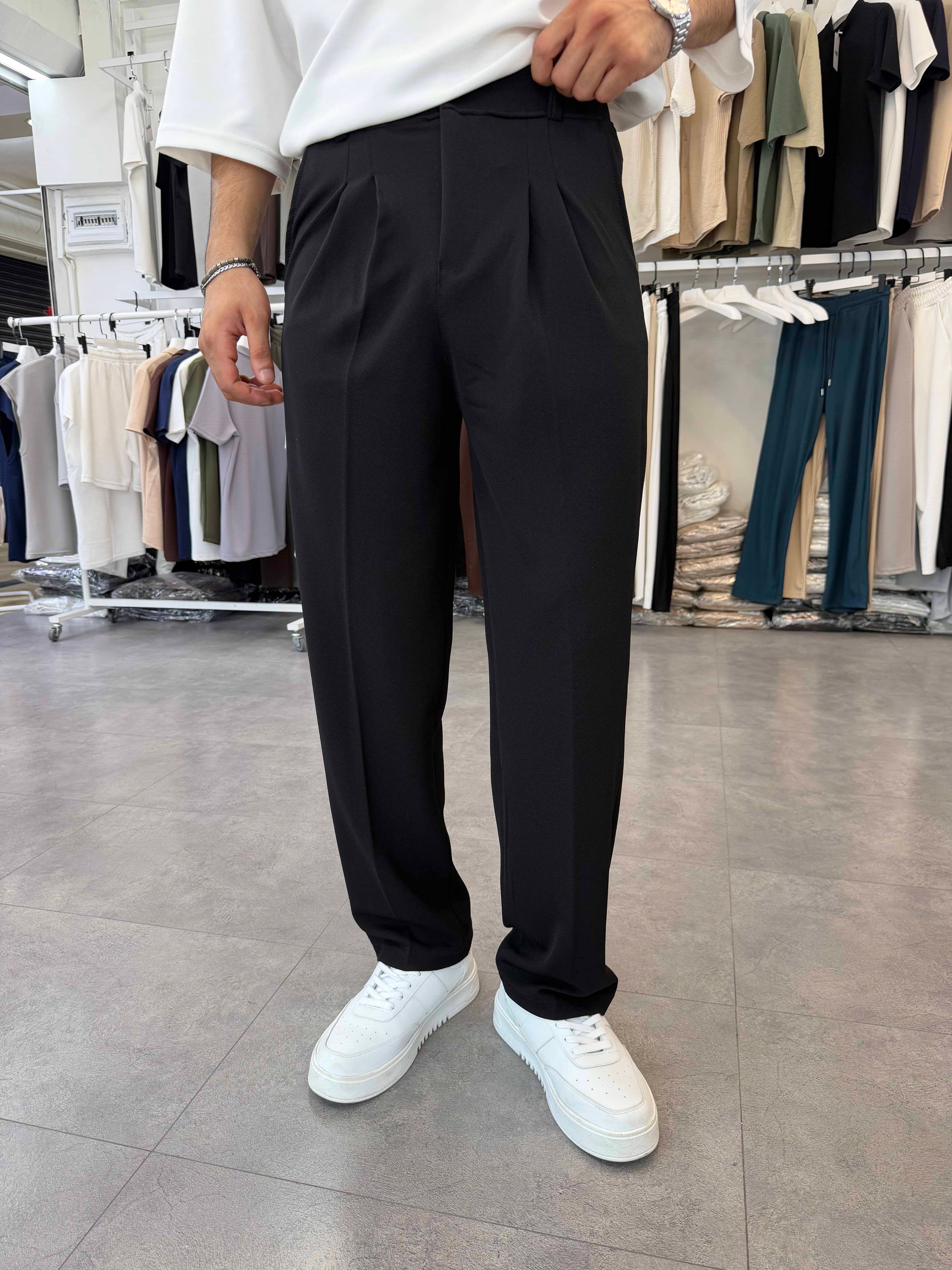 İthal Pileli Krep Baggy Pantolon Siyah