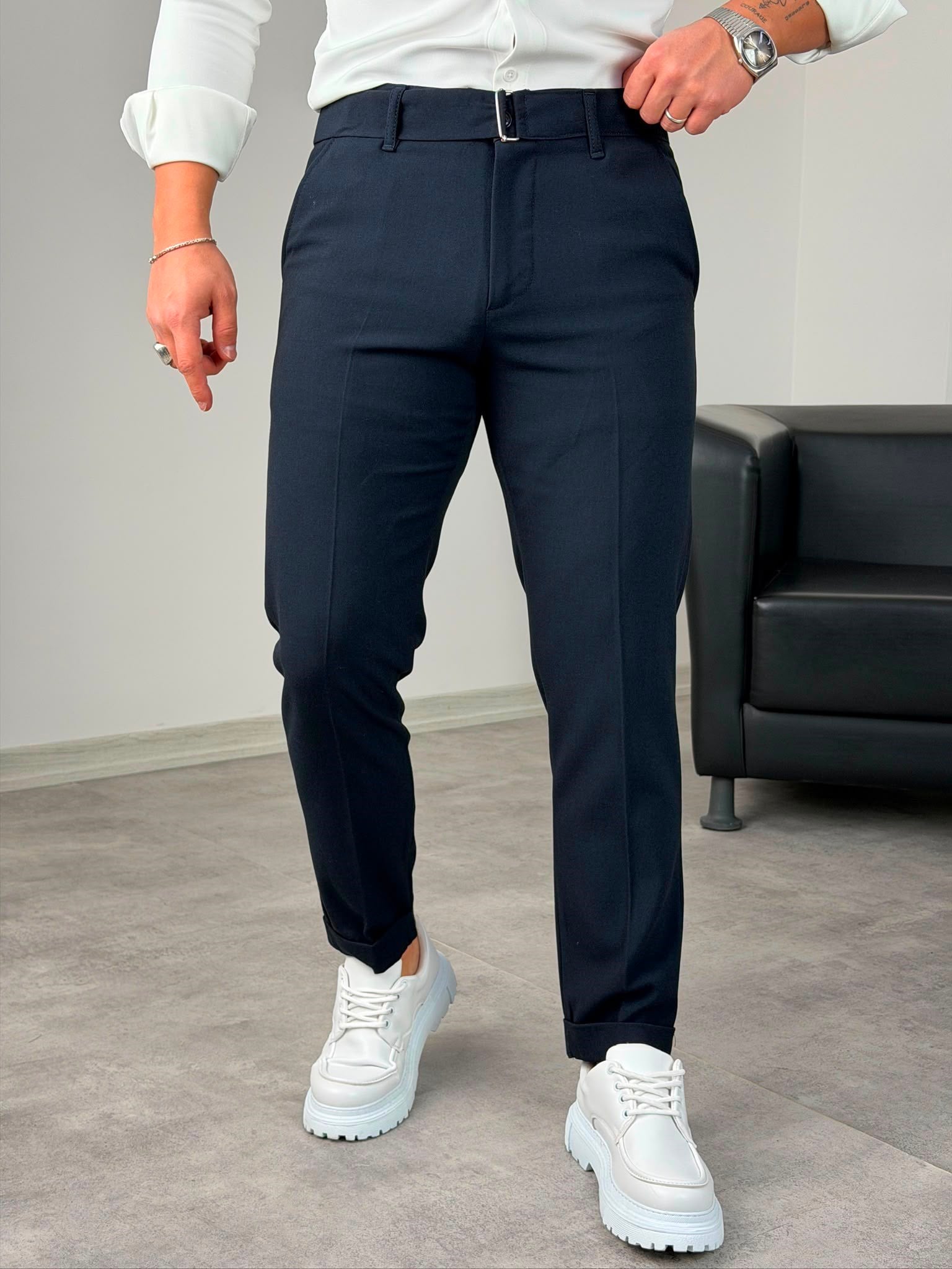 Kemerli Duble Paça Pantolon Lacivert