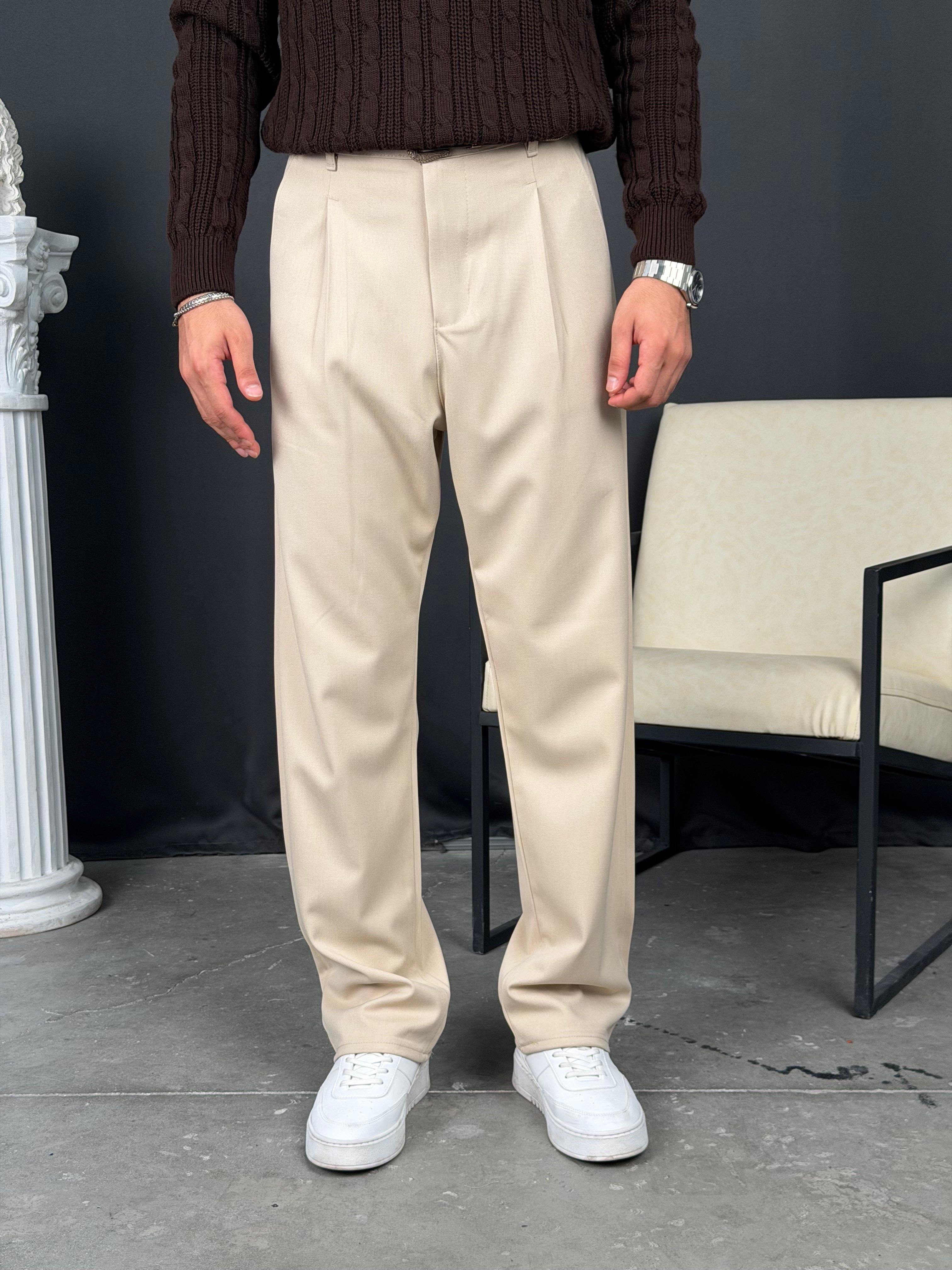 Kışlık Pileli Gabardin Baggy Pantolon Bej