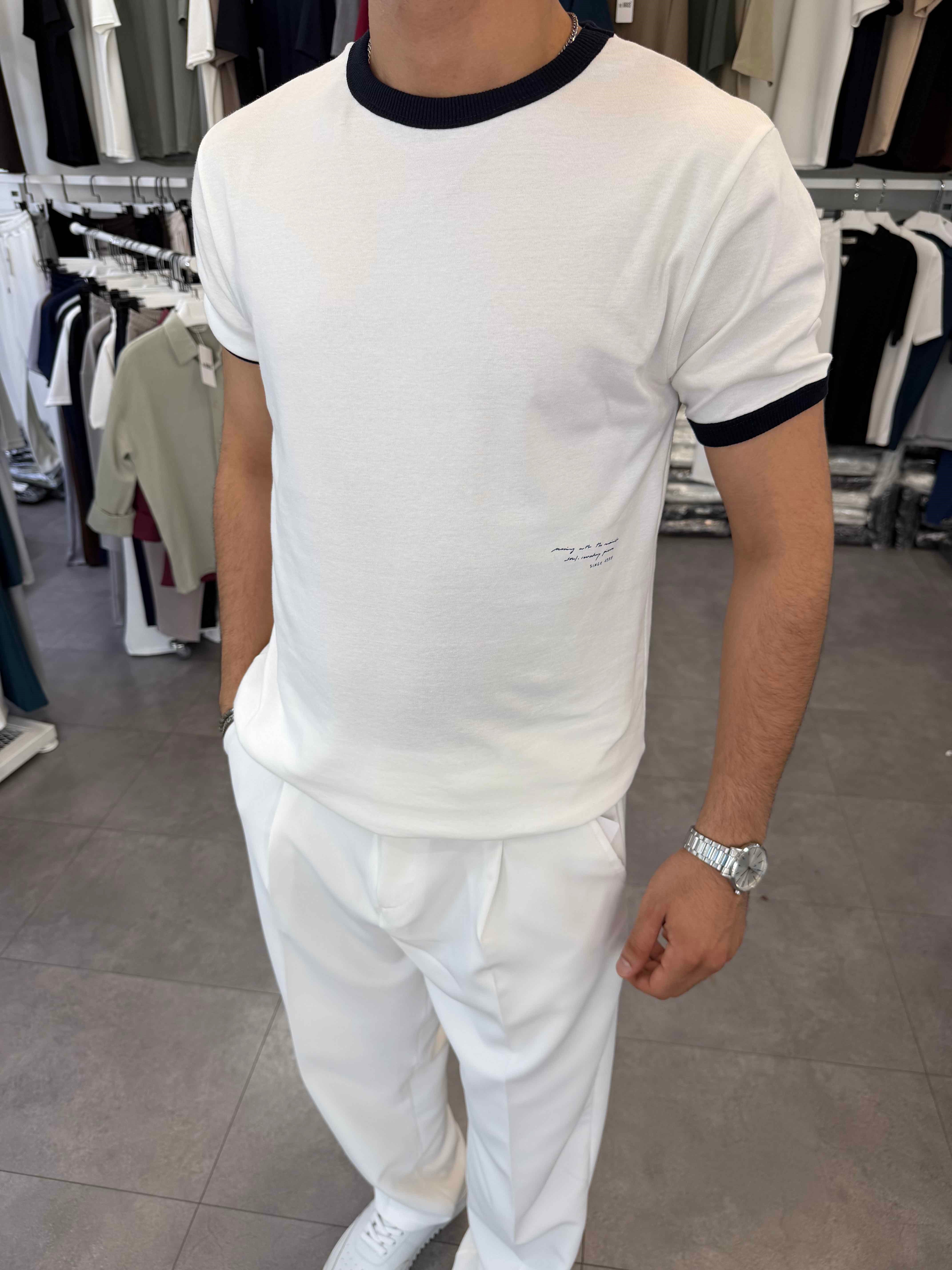 Kol ve Yaka Detaylı Regular Tişört Beyaz