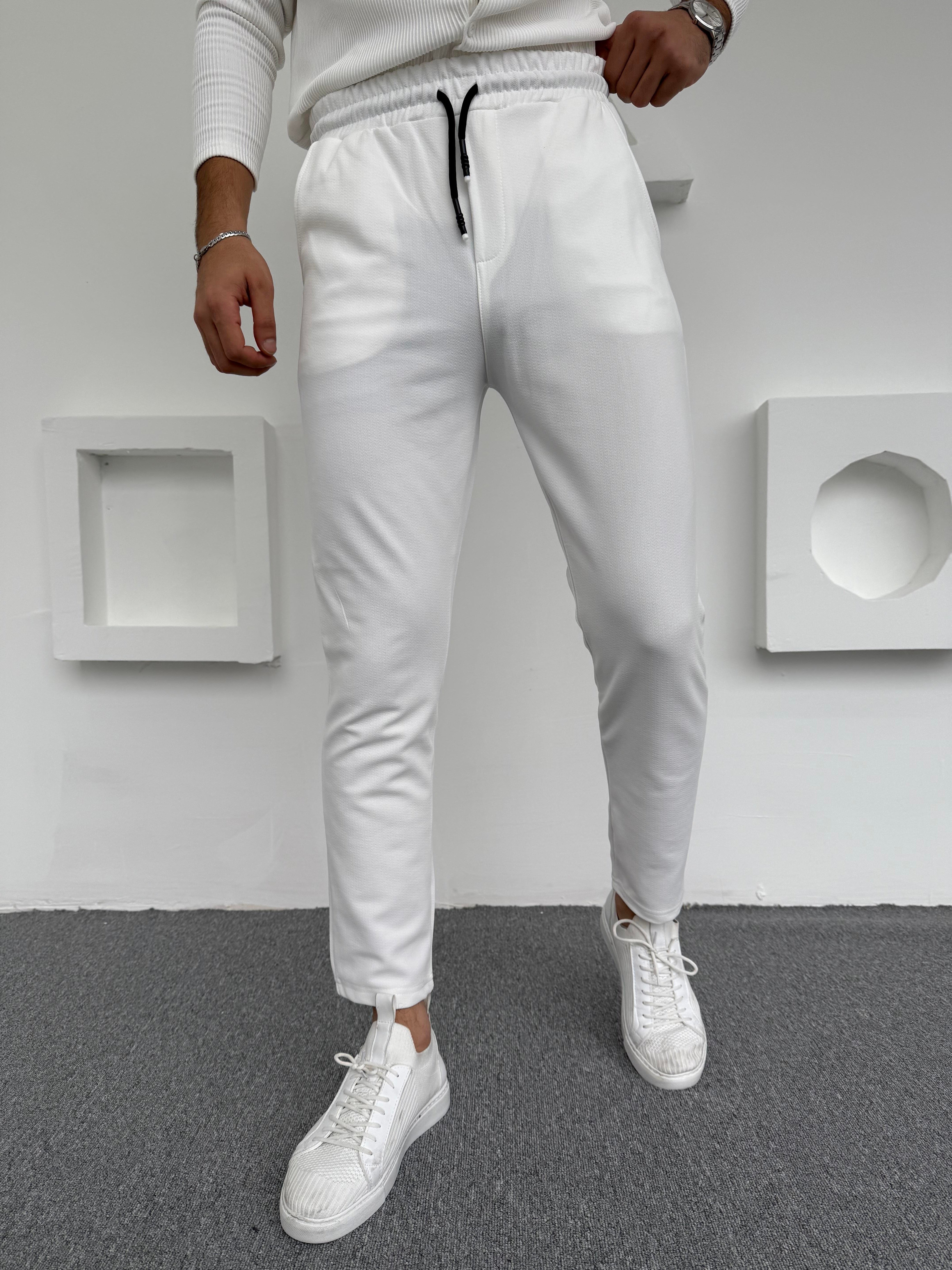 Krep Şardonlu Jogger Slimfit Pantolon Beyaz · 2
