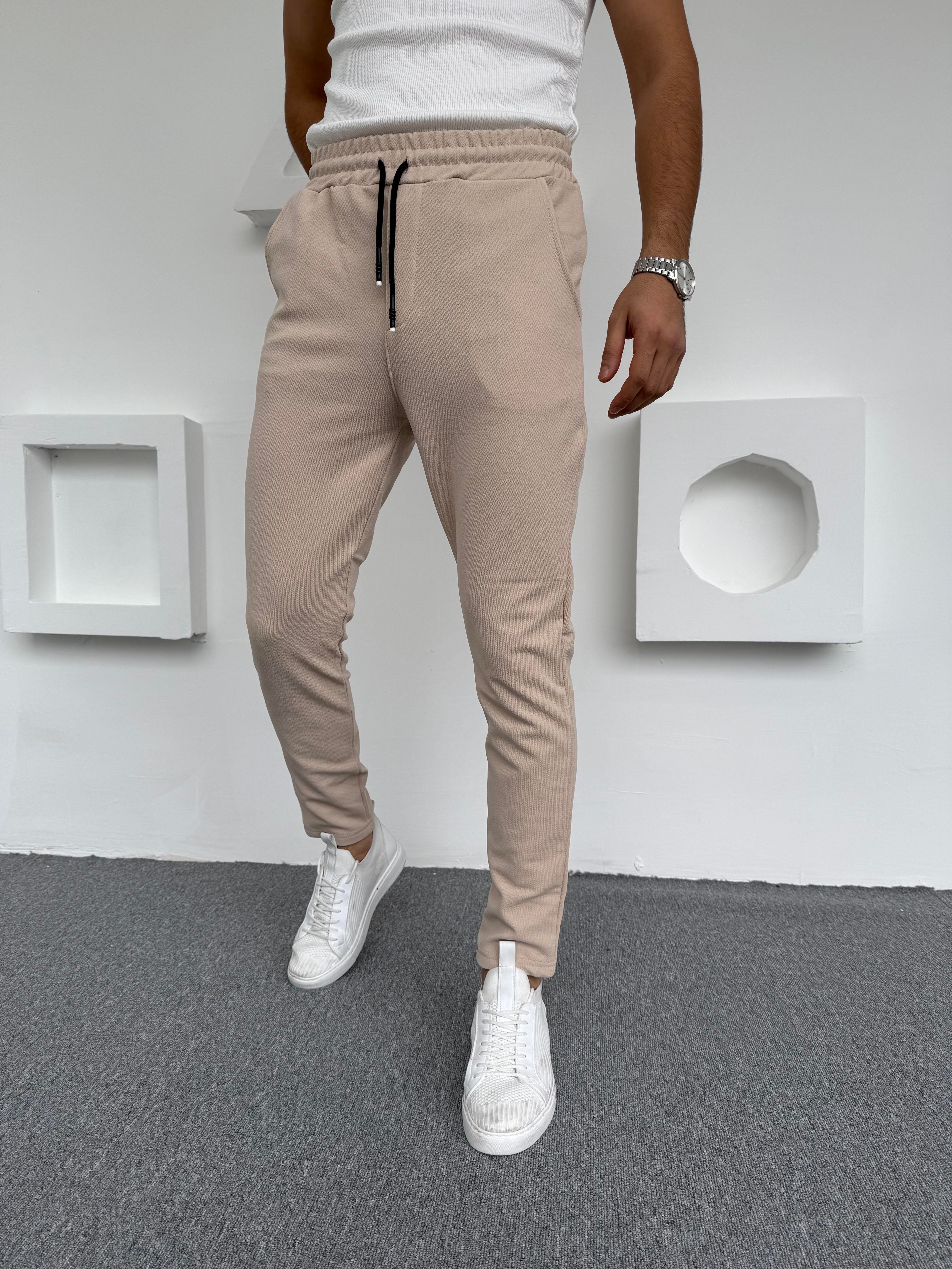 Krep Şardonlu Jogger Slimfit Pantolon Krem
