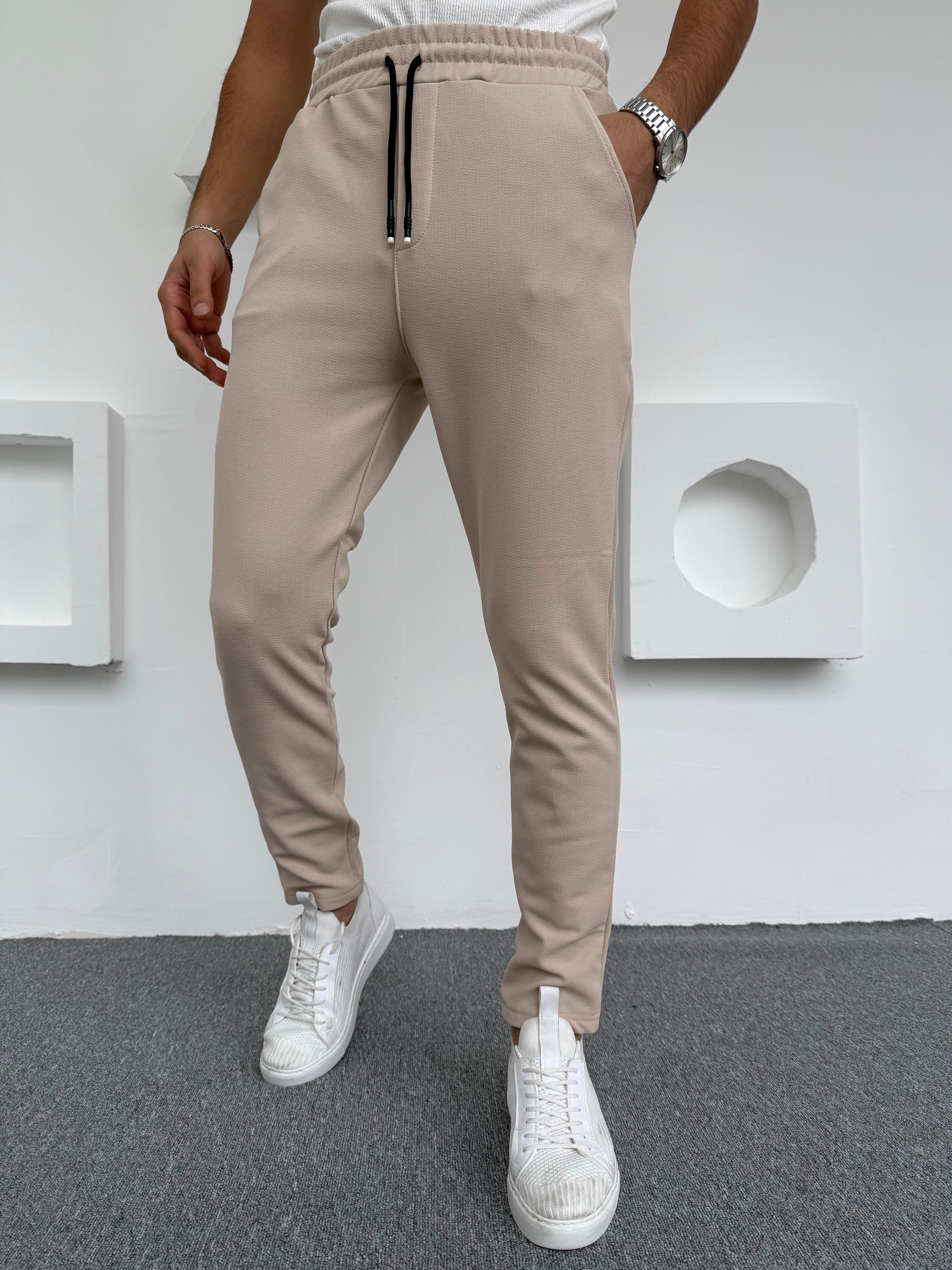 Krep Şardonlu Jogger Slimfit Pantolon Krem · 2